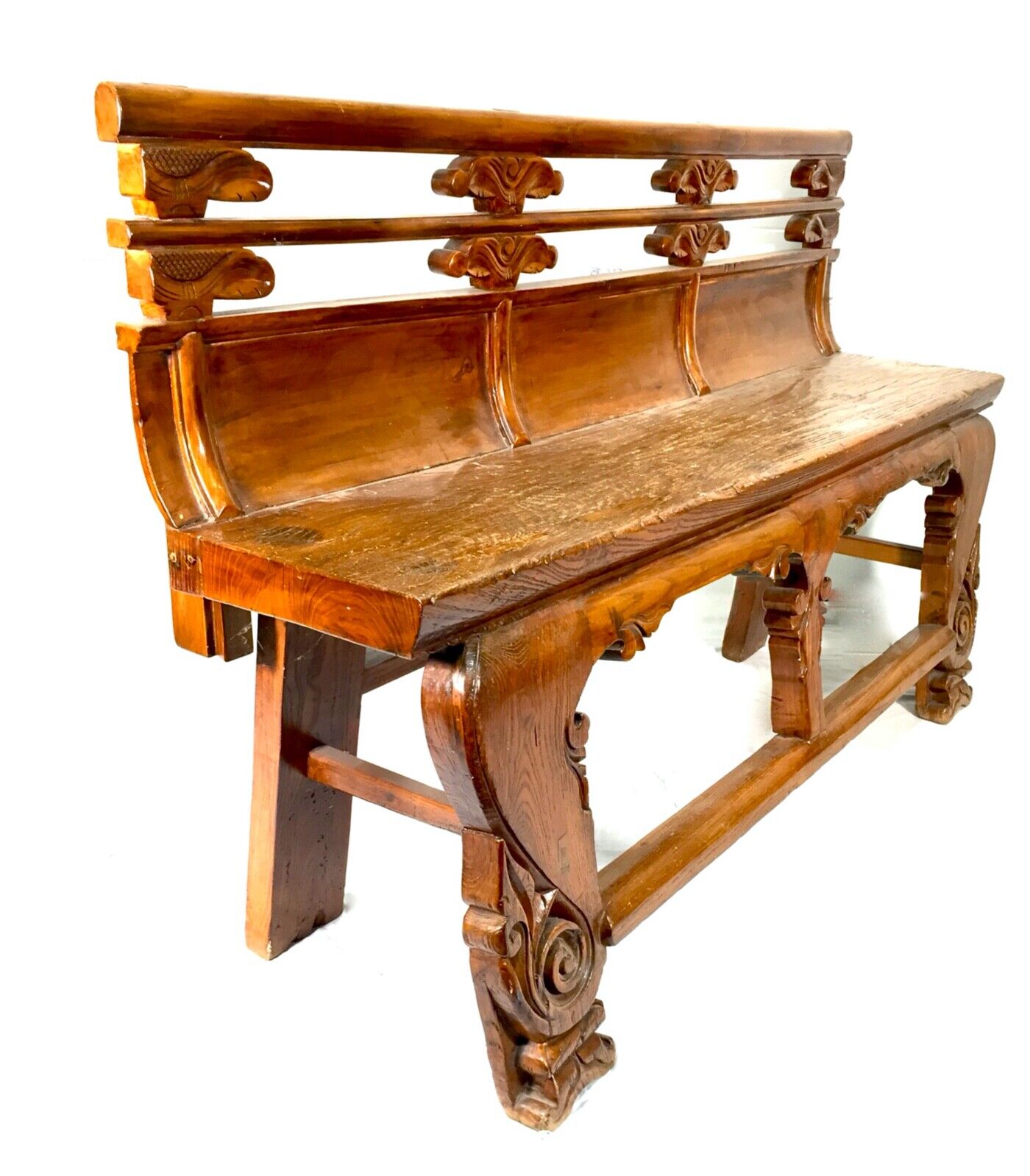 Antique Chinese Buddhist Temple / Opera Bench Elm Wood / 19th Century / c.1890