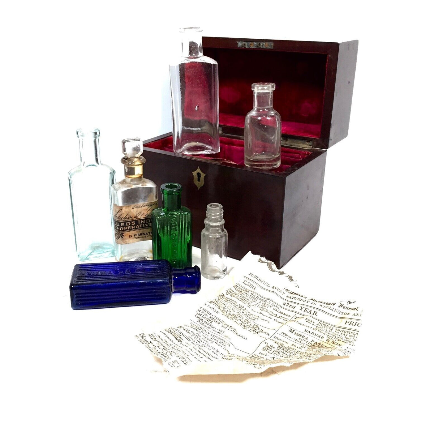 Antique Mahogany Apothecary Box / Cabinet With Glass Medicine Bottles c.1880