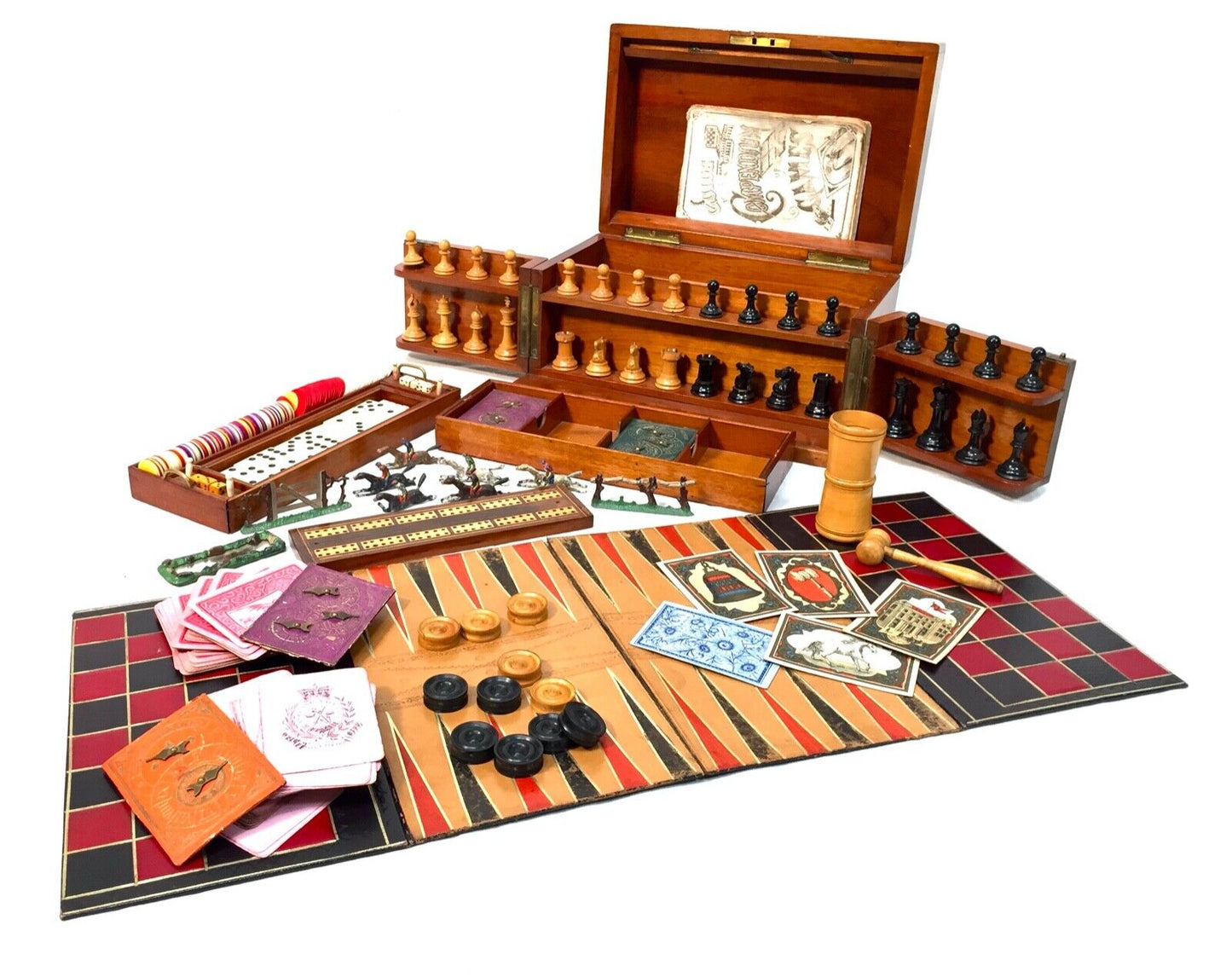 Antique 19th Century Victorian Games Compendium Box / Wooden Cabinet c.1880
