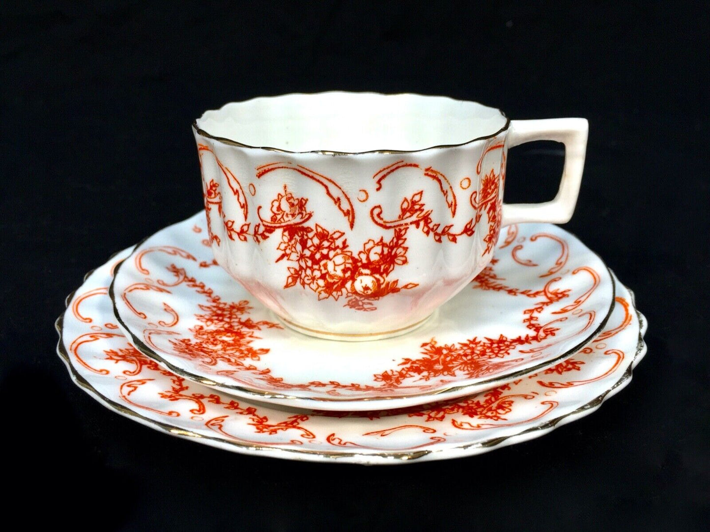 Antique Edwardian China Tea Set for 10 People / Orange & White / C.1900 / Trio