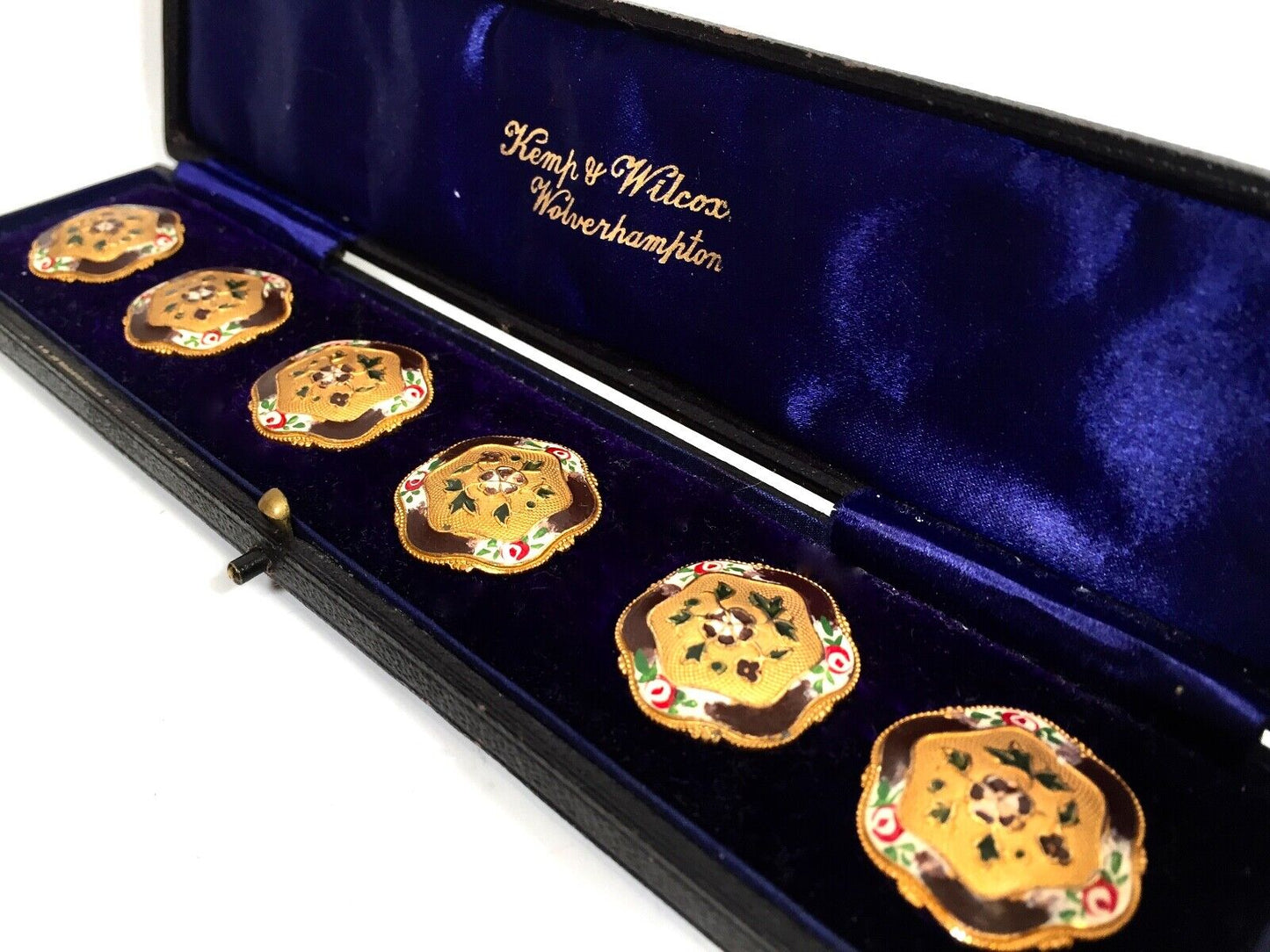Antique Ladies Art Nouveau Enamel Buttons by Jewellers & Goldsmith Kemp & Wilcox