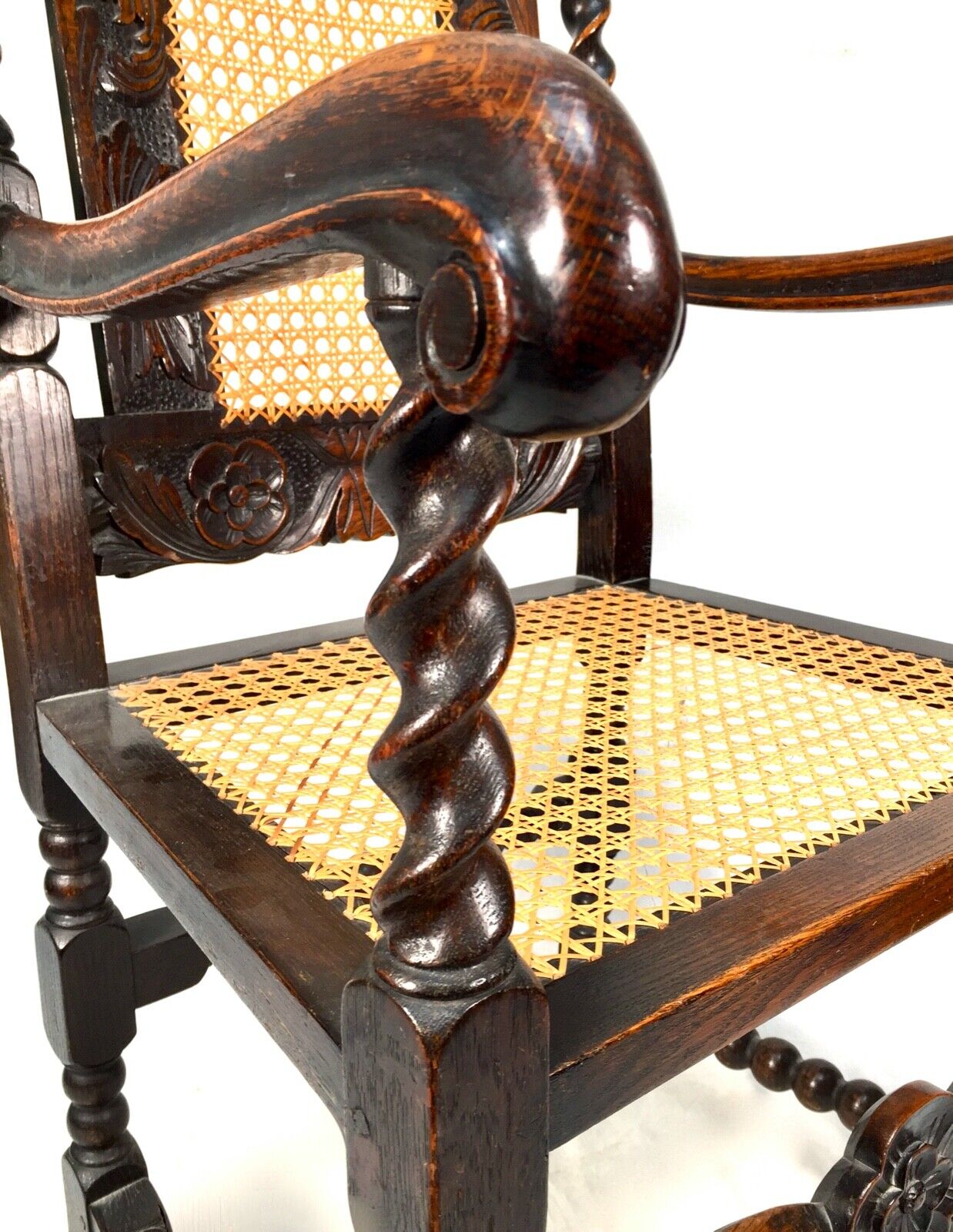 Antique 18th Century Furniture Wooden Oak Carved Arm Chair with Cane Back & Seat