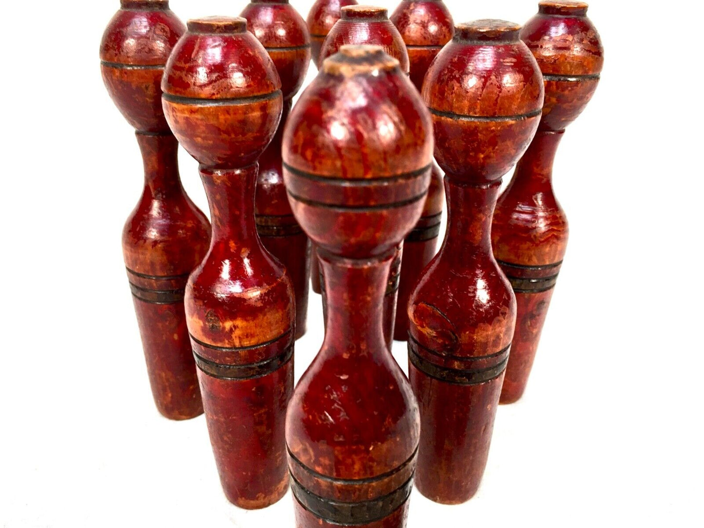 Antique Set of French Wooden 9 Pin Skittles / Game / Complete Hand Painted c1900