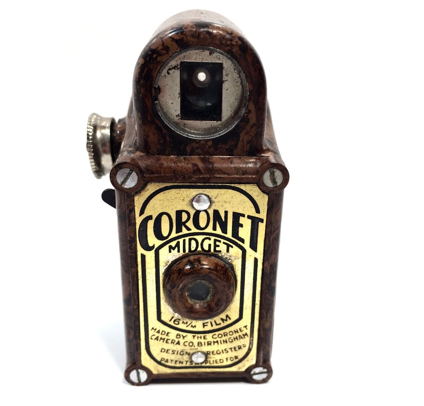 Antique Coronet Midget / Miniature 16MM Camera Brown Marble Bakelite / Art Deco