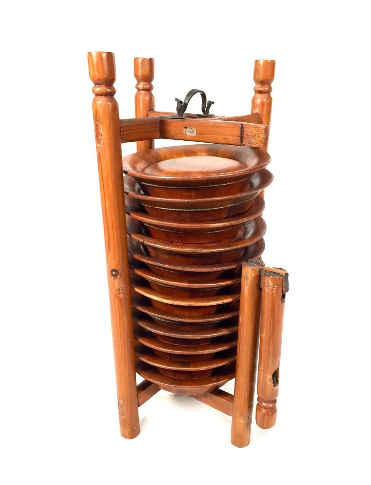 Antique Kitchenalia Wooden Stained Pine Stacking Plate / Bowl / Picnic Set c1950