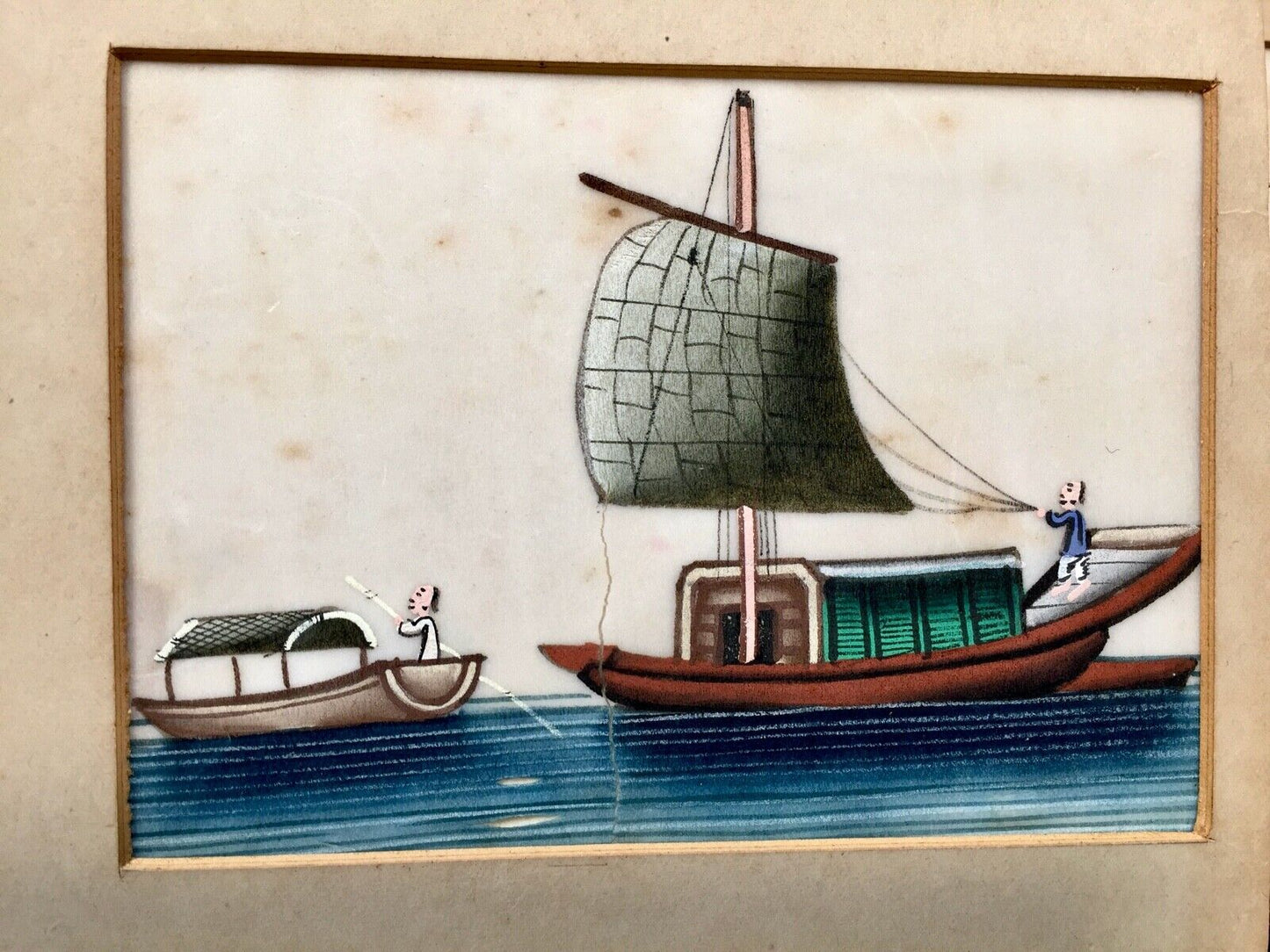Antique 19th Century Chinese Pith Painting on Rice Paper Depicting Sail Boats