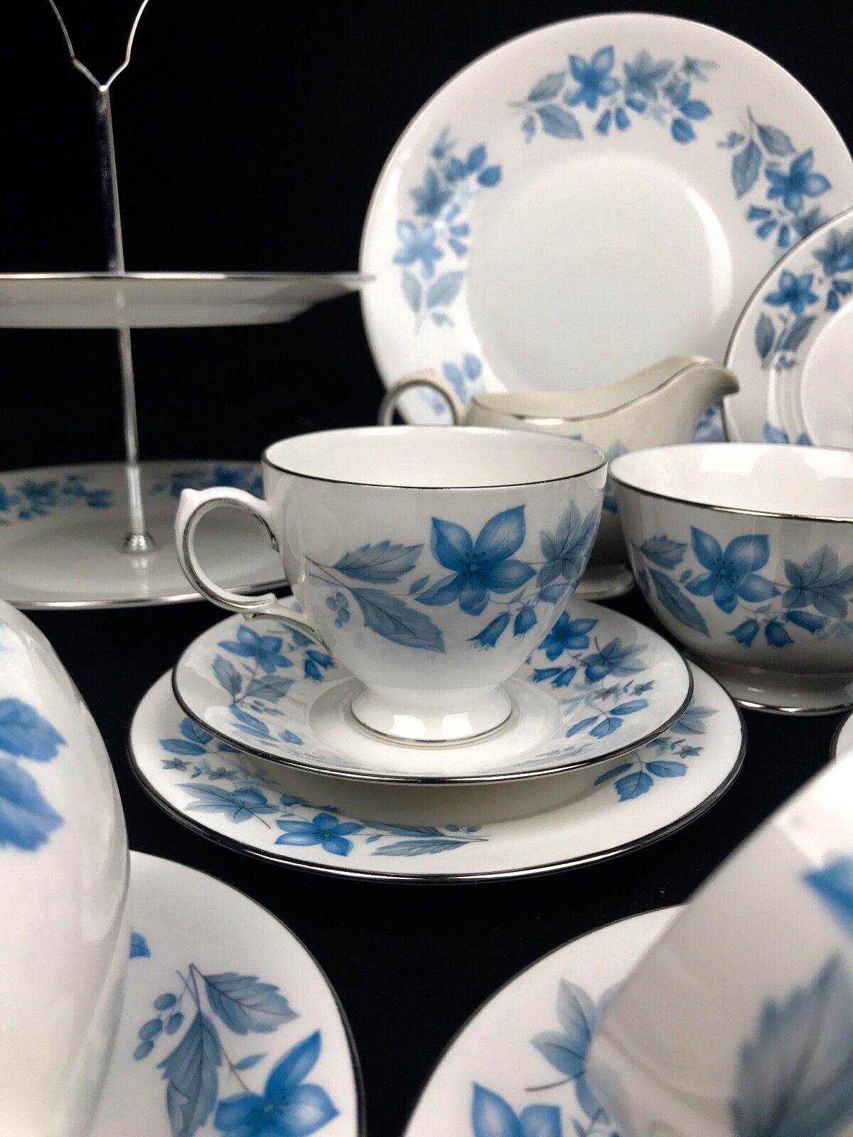 Crown Essex Vintage Tea Set For 5 / Dubarry / Blue Floral / Cake Stand / Trios