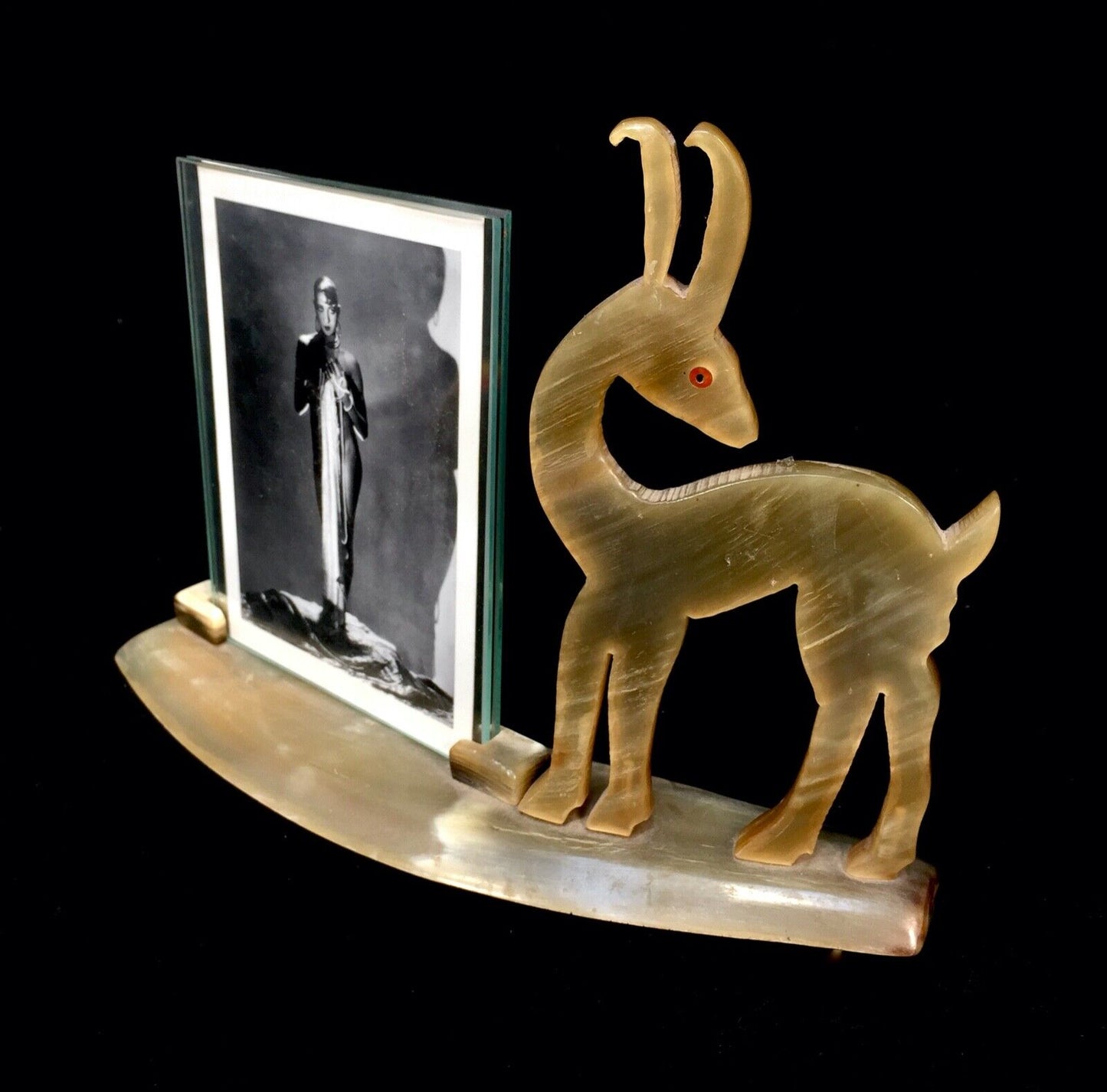 Antique Art Deco Bakelite & Glass Photograph Frame With Deer / Stag Figurine