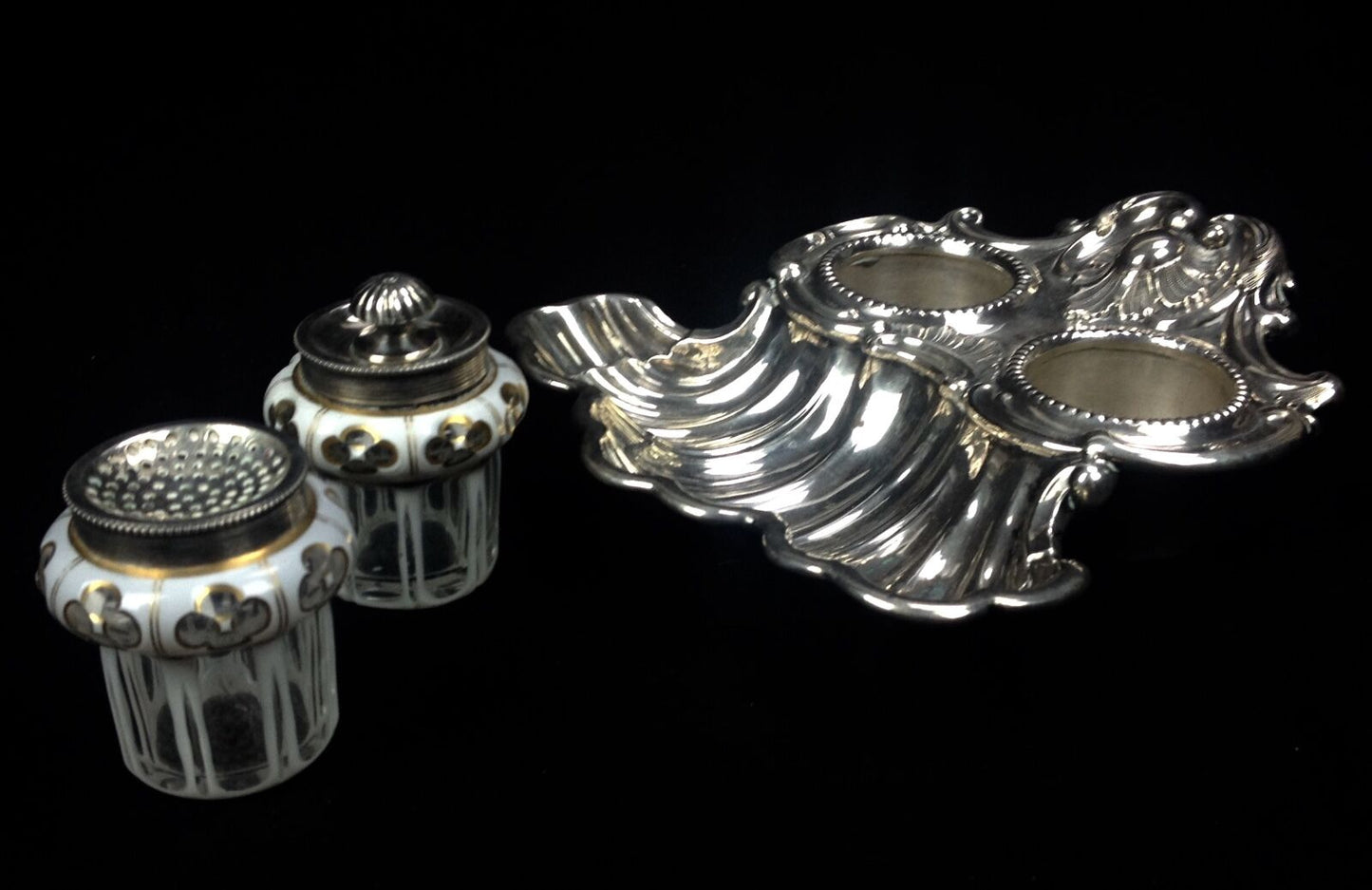 Continental White Metal & Enamel Glass Inkwells and Pen Dish /REDUCED