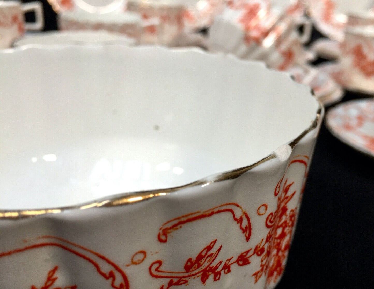 Antique Edwardian China Tea Set for 10 People / Orange & White / C.1900 / Trio