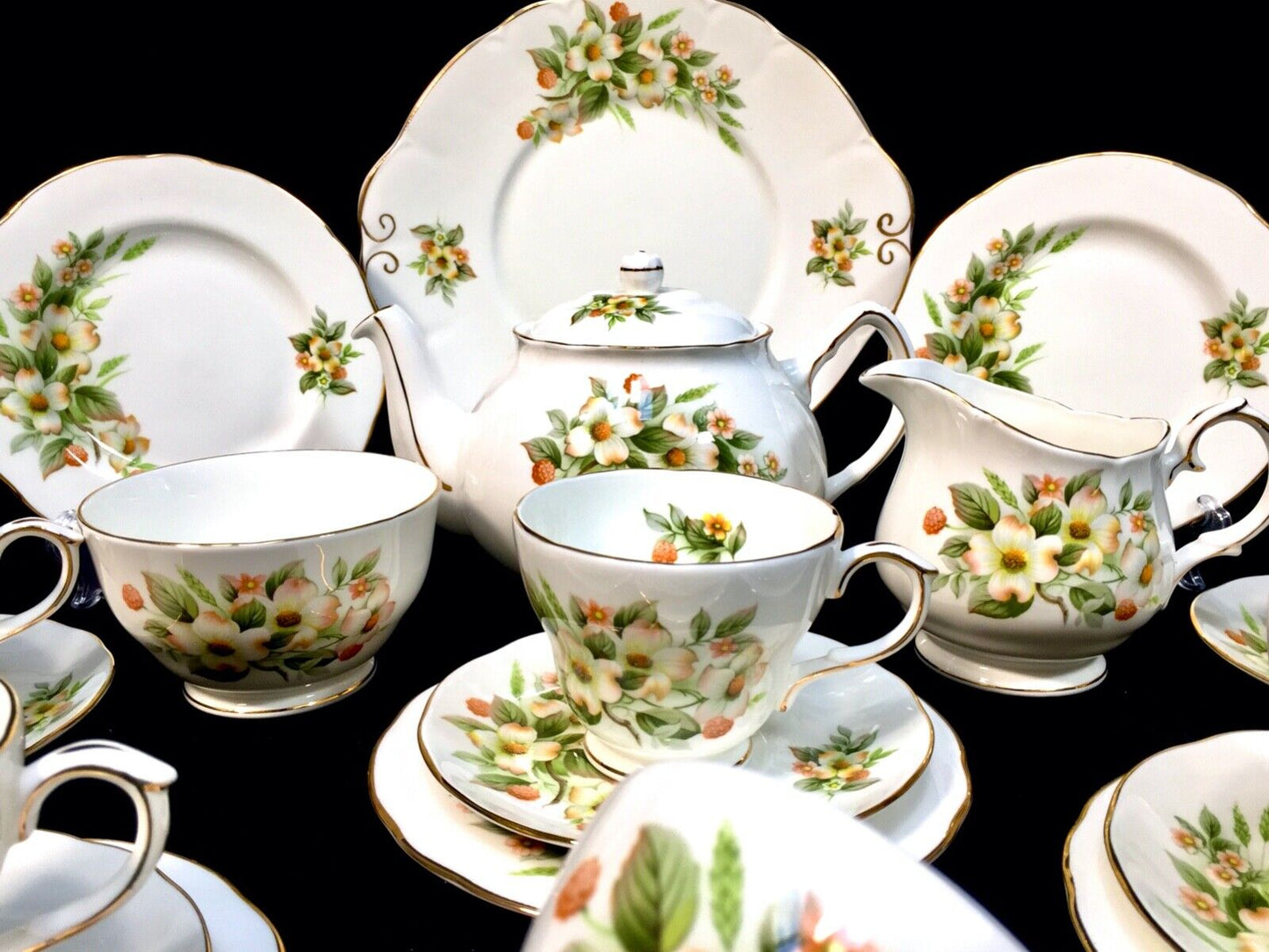 Duchess Dogwood Tea Set for 6 People / Vintage Antique China / Teapot / Trio's