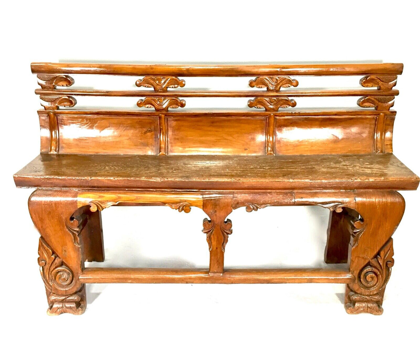 Antique Chinese Buddhist Temple / Opera Bench Elm Wood / 19th Century / c.1890