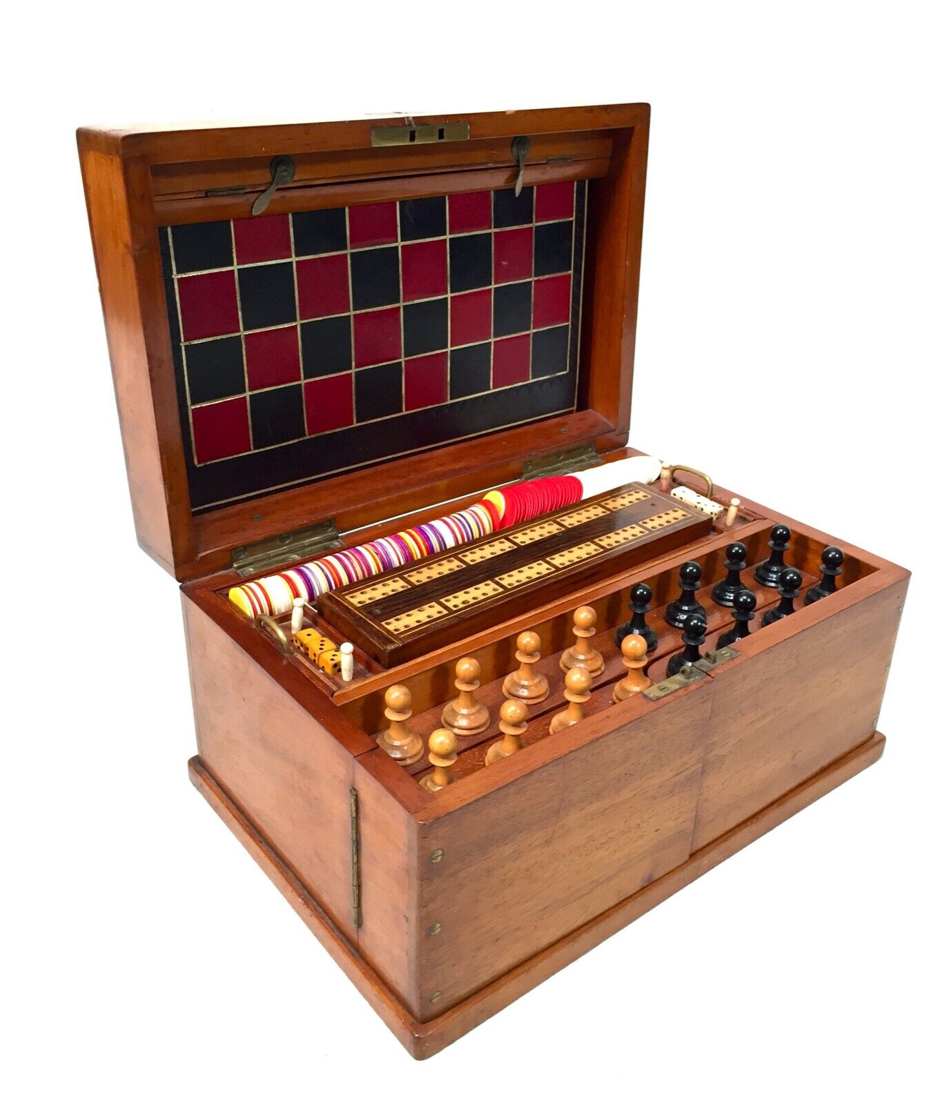 Antique 19th Century Victorian Games Compendium Box / Wooden Cabinet c.1880