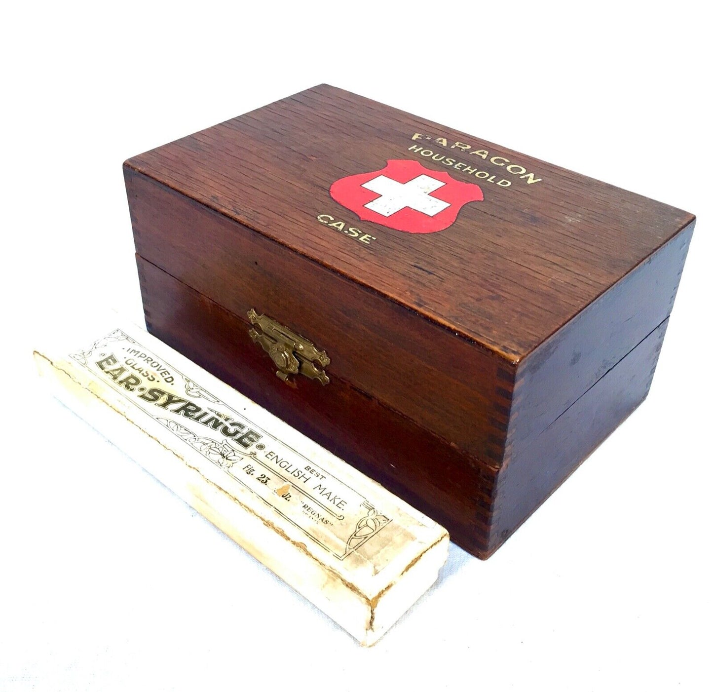 Antique Wooden Paragon Household Ambulance First Aid Box & Contents Apothecary