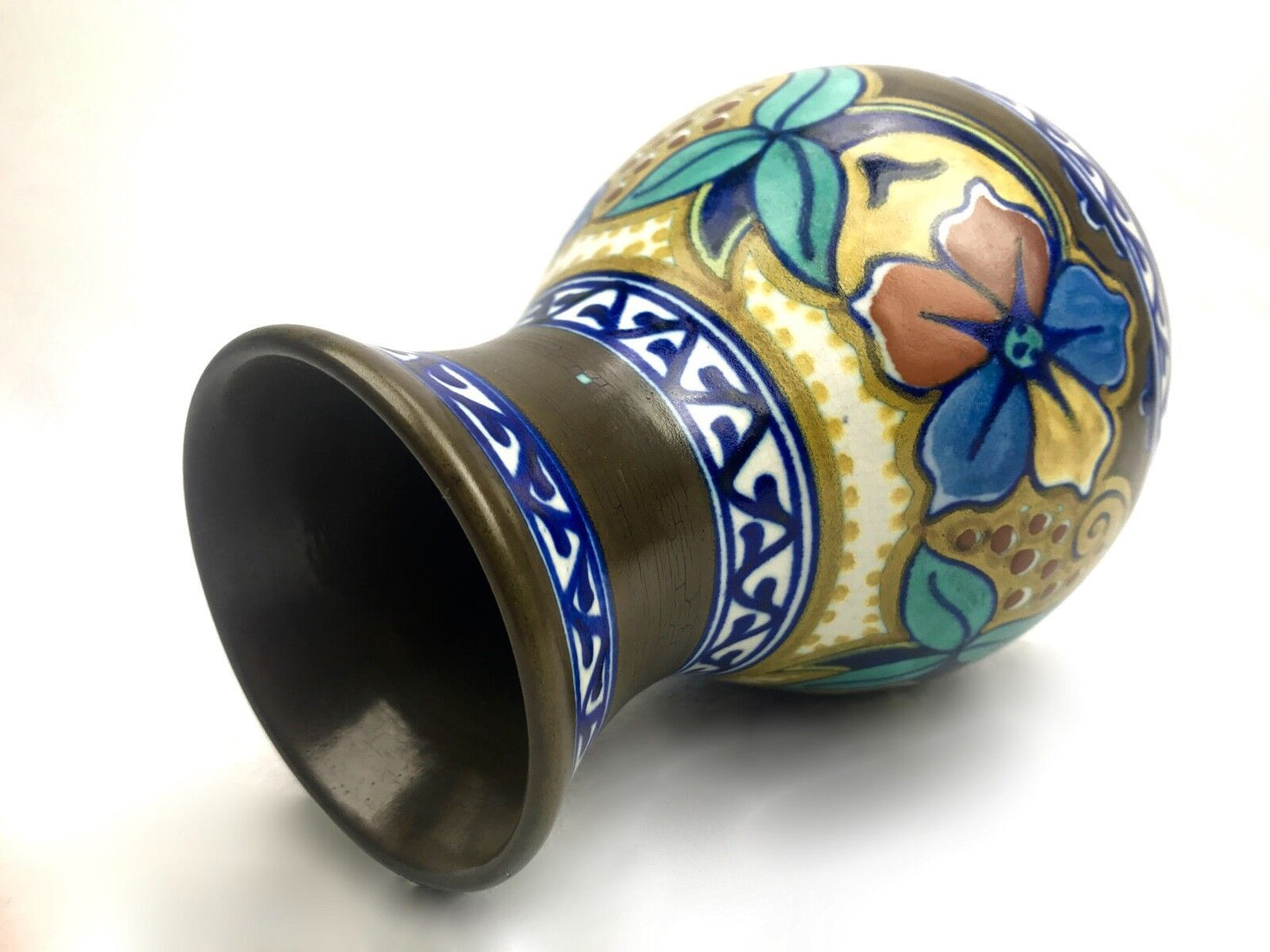 Antique Gouda Pottery Vase / 1925 Art Deco / Blue / Brown / Yellow / Dutch