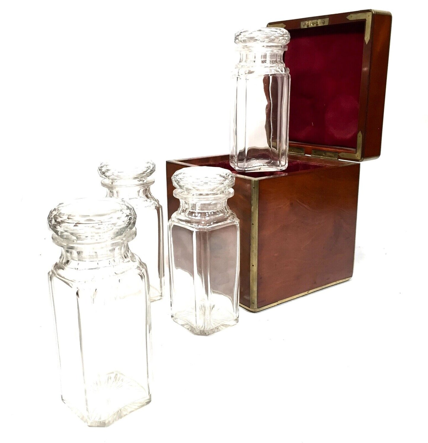 19th Century Mahogany Campaign Box & 4 Glass Pickle Jars / Victorian Antique