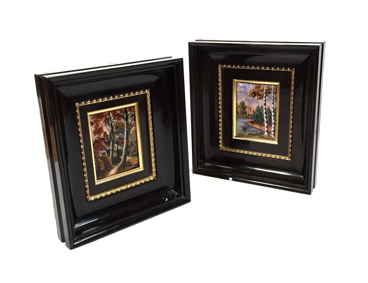 Framed Enamel on Copper E J Guitard of Limoges, France, Painting Pair c.1970