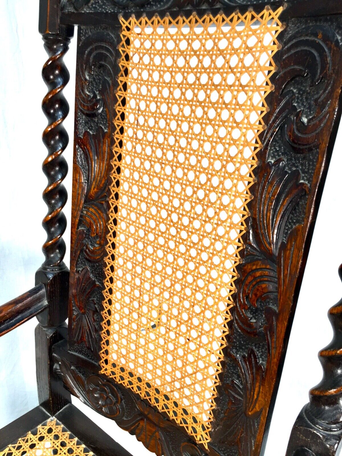 Antique 18th Century Furniture Wooden Oak Carved Arm Chair with Cane Back & Seat