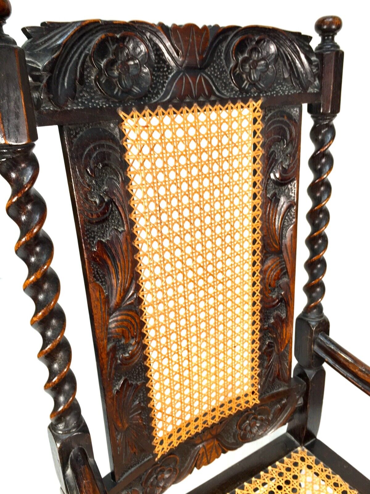 Antique 18th Century Furniture Wooden Oak Carved Arm Chair with Cane Back & Seat