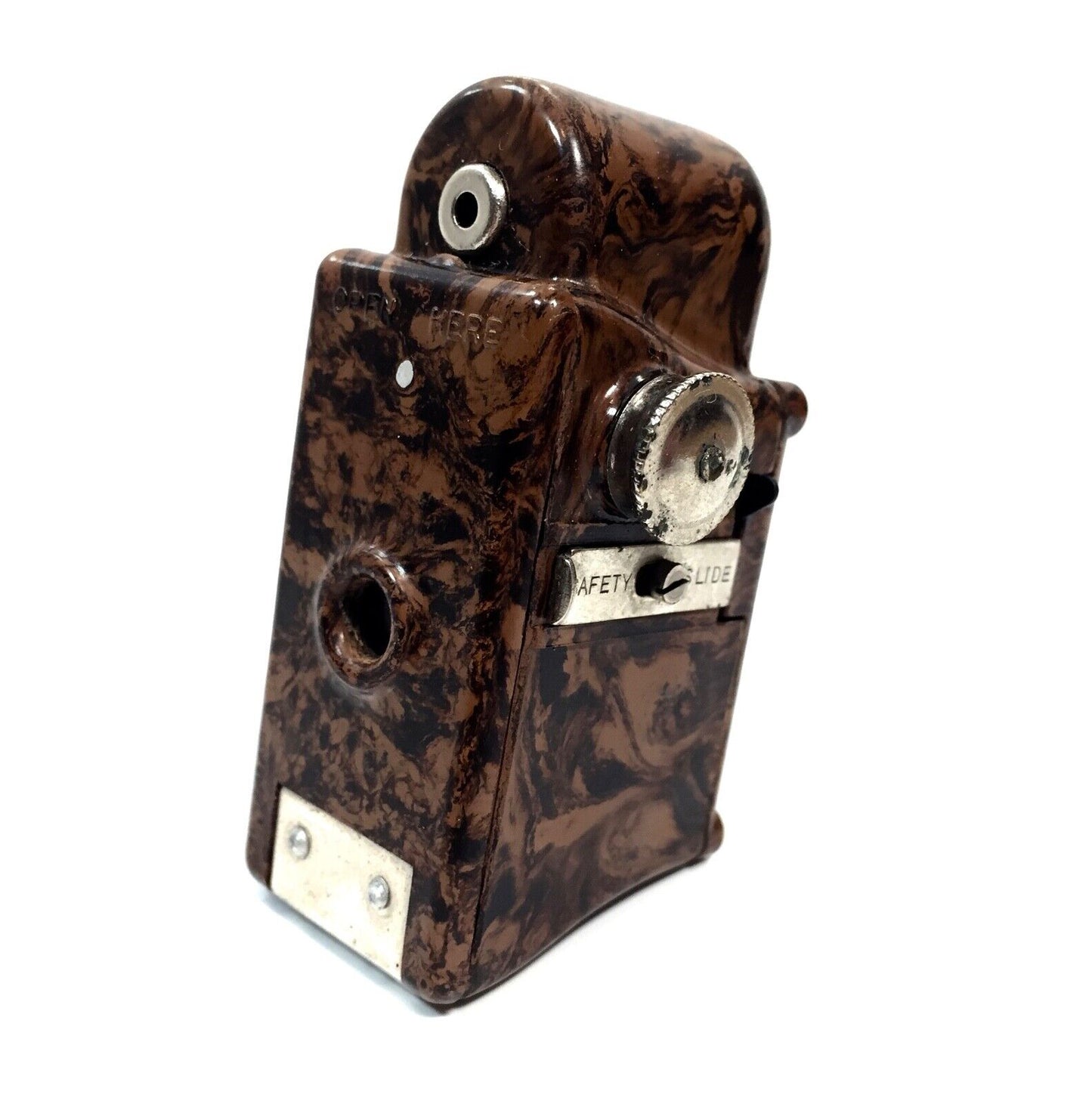 Antique Coronet Midget / Miniature 16MM Camera Brown Marble Bakelite / Art Deco