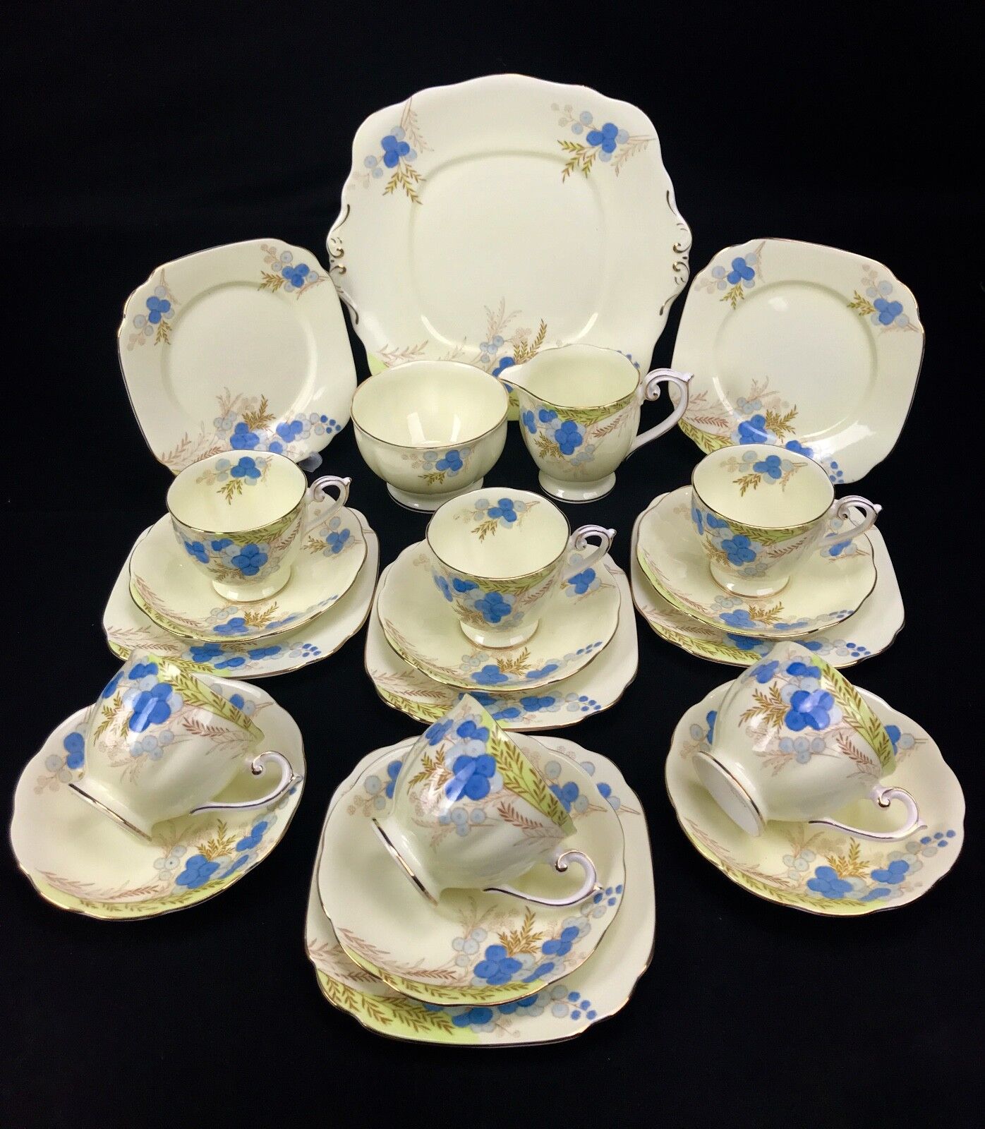 Vintage Bell China Tea Set for 6 People / 21 Piece / Blue And Cream 1940's