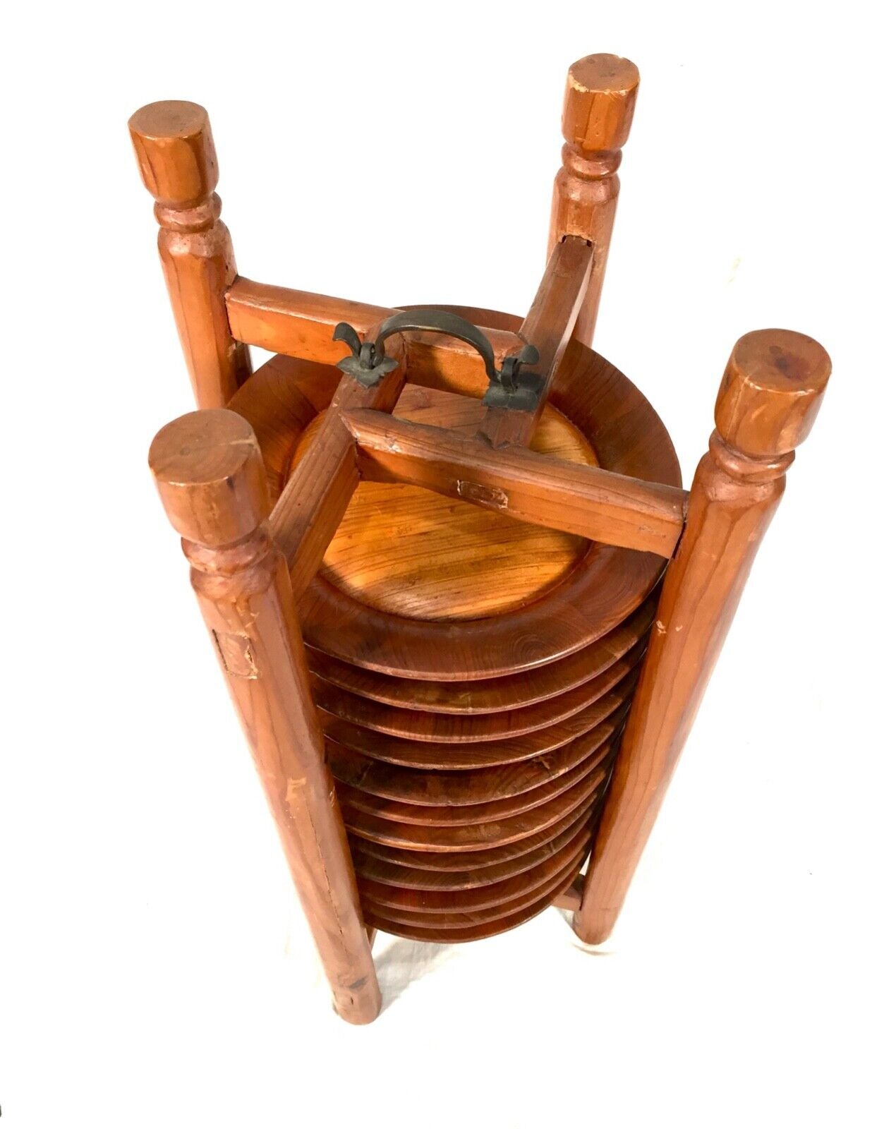 Antique Kitchenalia Wooden Stained Pine Stacking Plate / Bowl / Picnic Set c1950