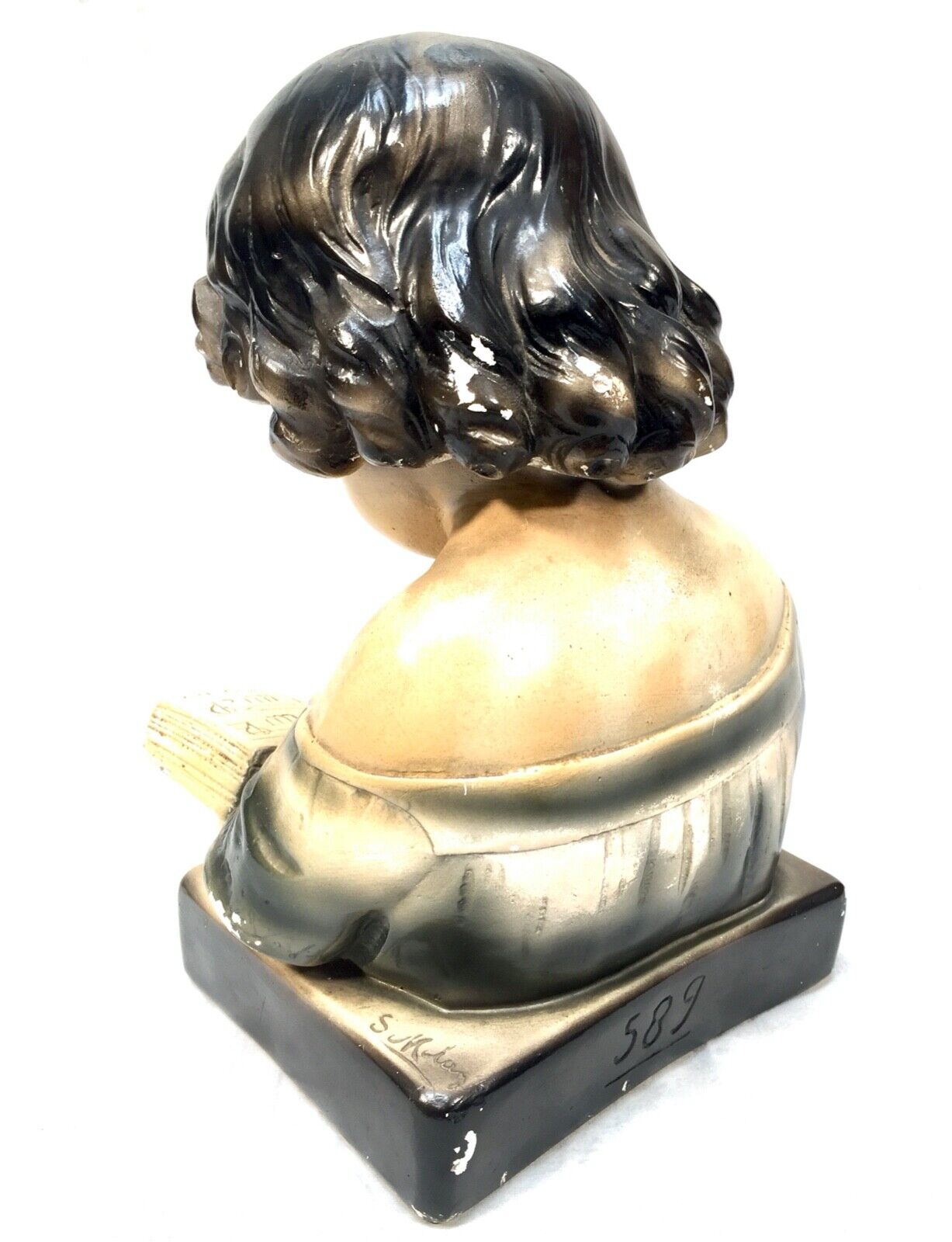 Antique Art Deco French Young Girl Plaster Portrait Bust / C.1930 / Hand Painted