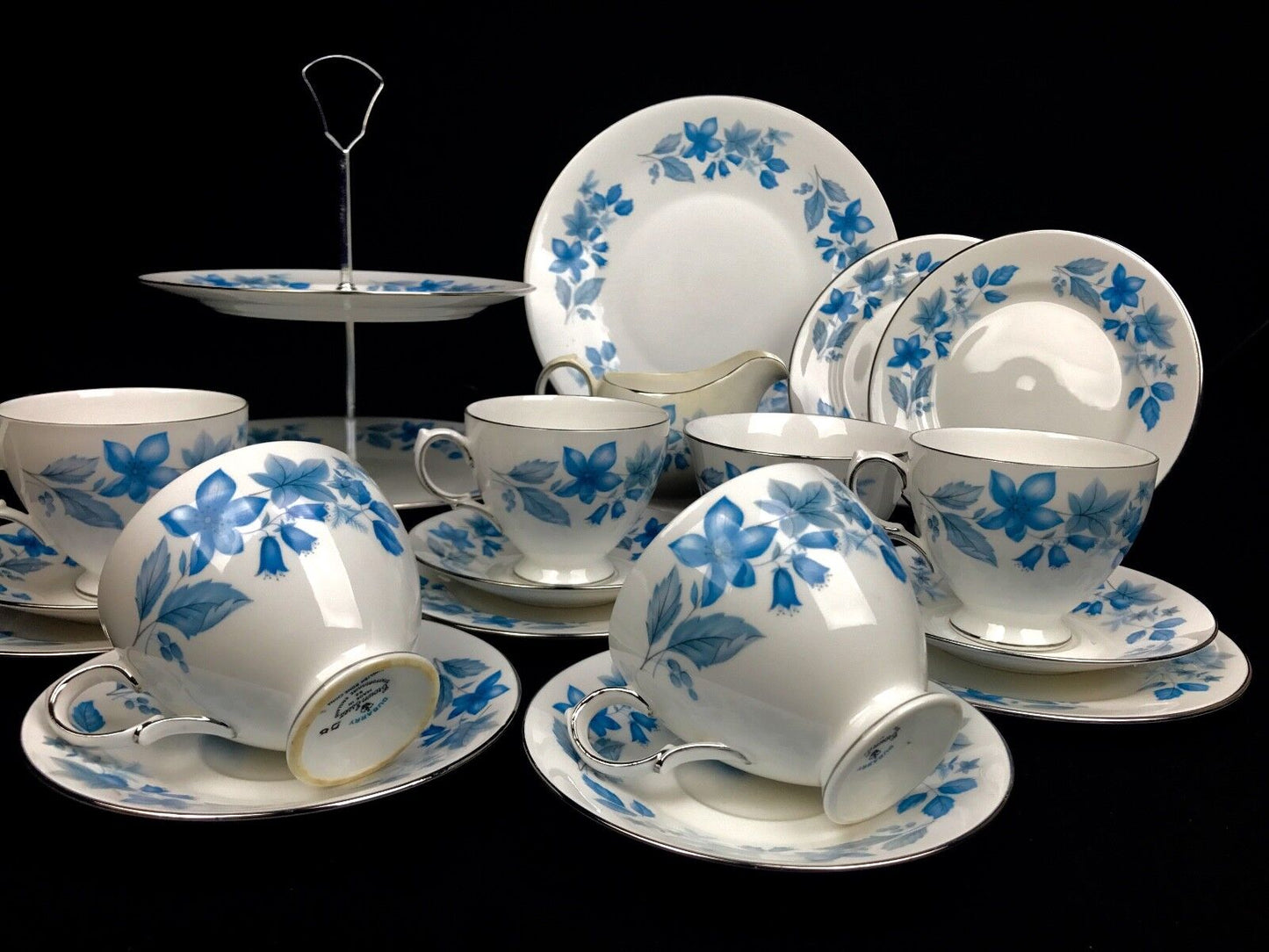 Crown Essex Vintage Tea Set For 5 / Dubarry / Blue Floral / Cake Stand / Trios
