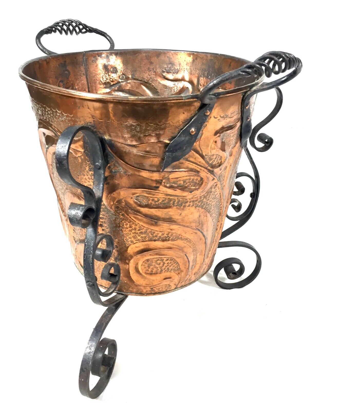 Antique Art Nouveau Copper & Cast Iron Bin / Planter / Arts & Crafts Log Basket