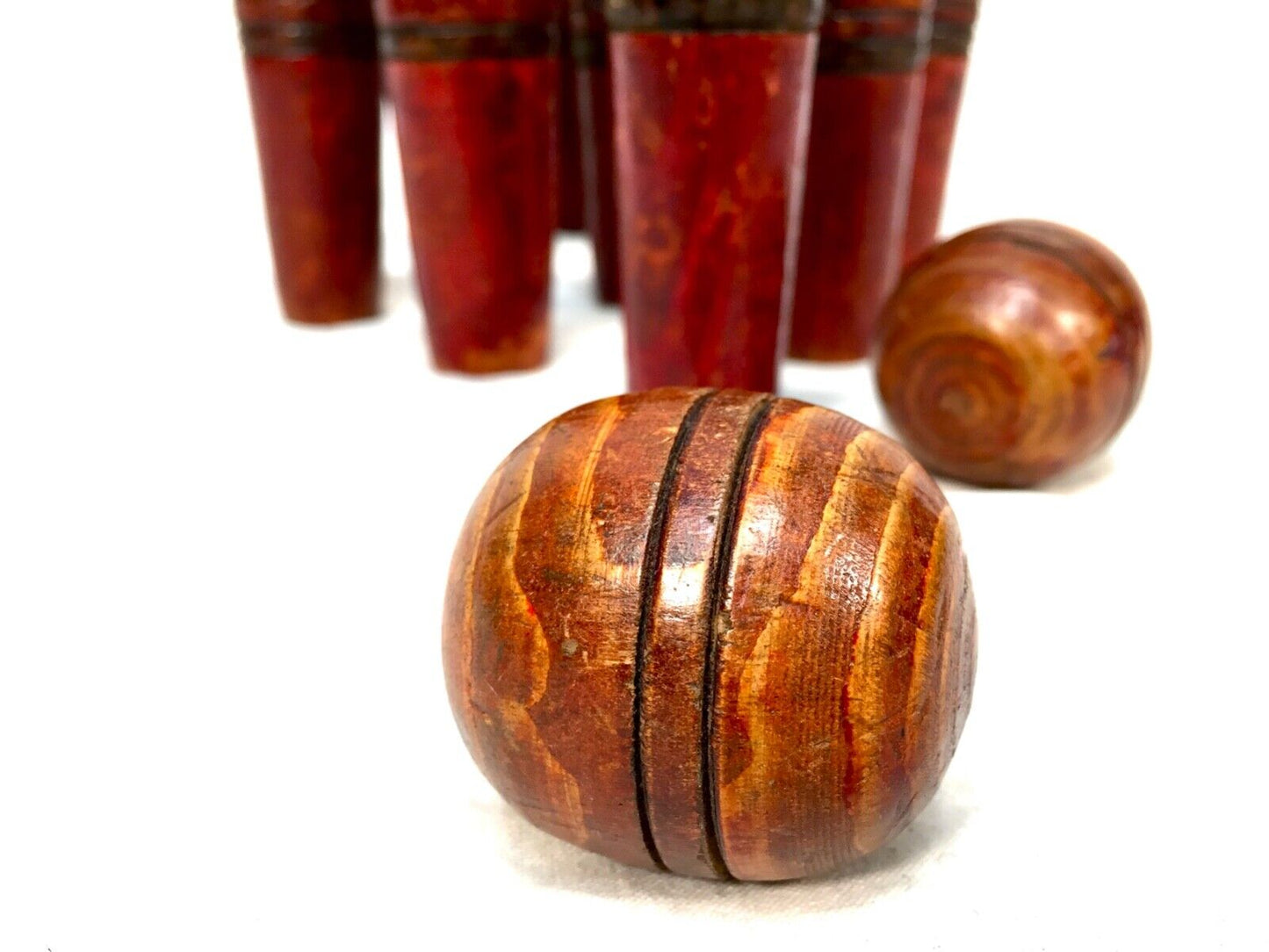 Antique Set of French Wooden 9 Pin Skittles / Game / Complete Hand Painted c1900