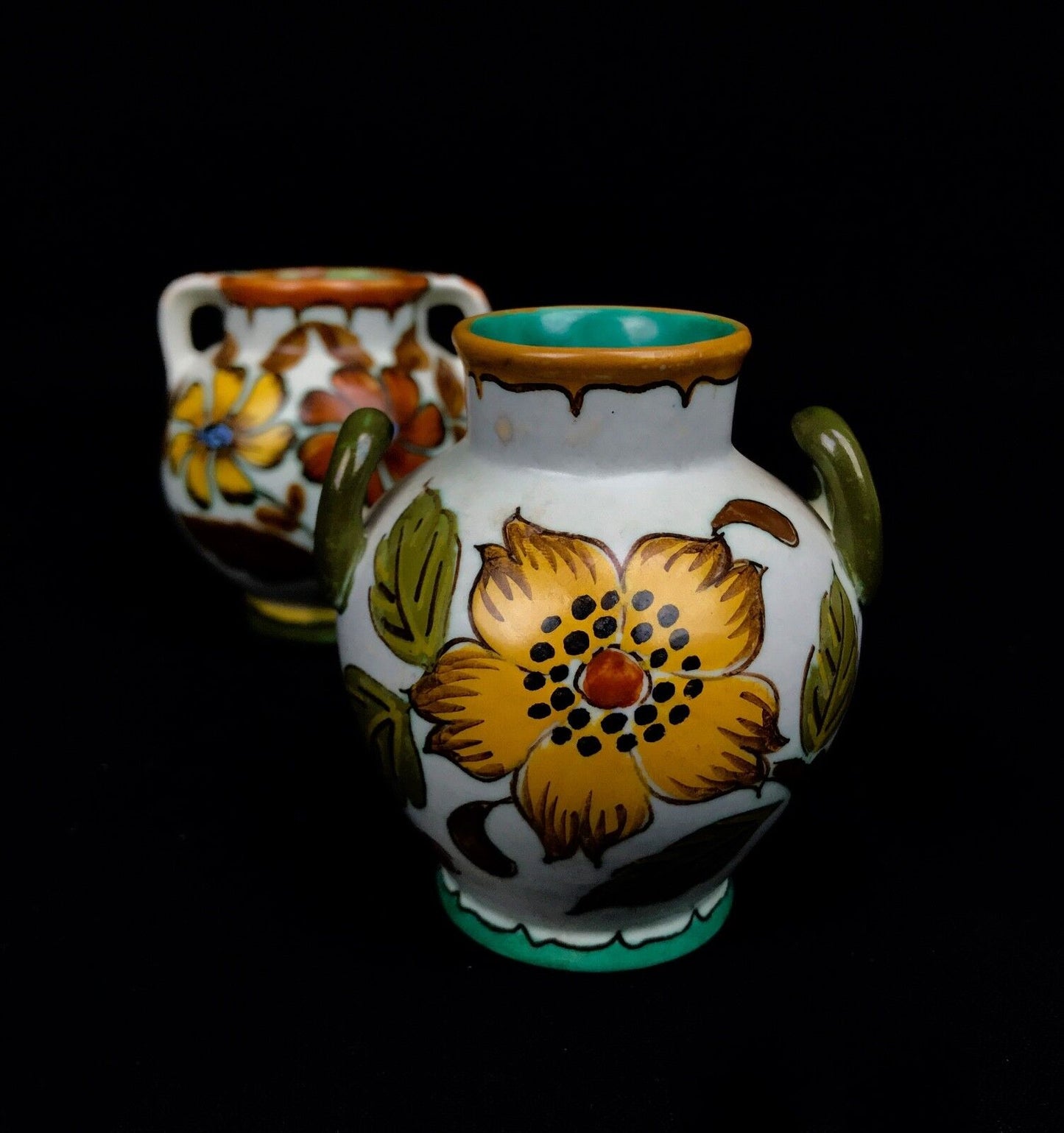 Gouda Pottery Double Handled Jug Pair Cream / 1950's Dutch / Yellow / Orange