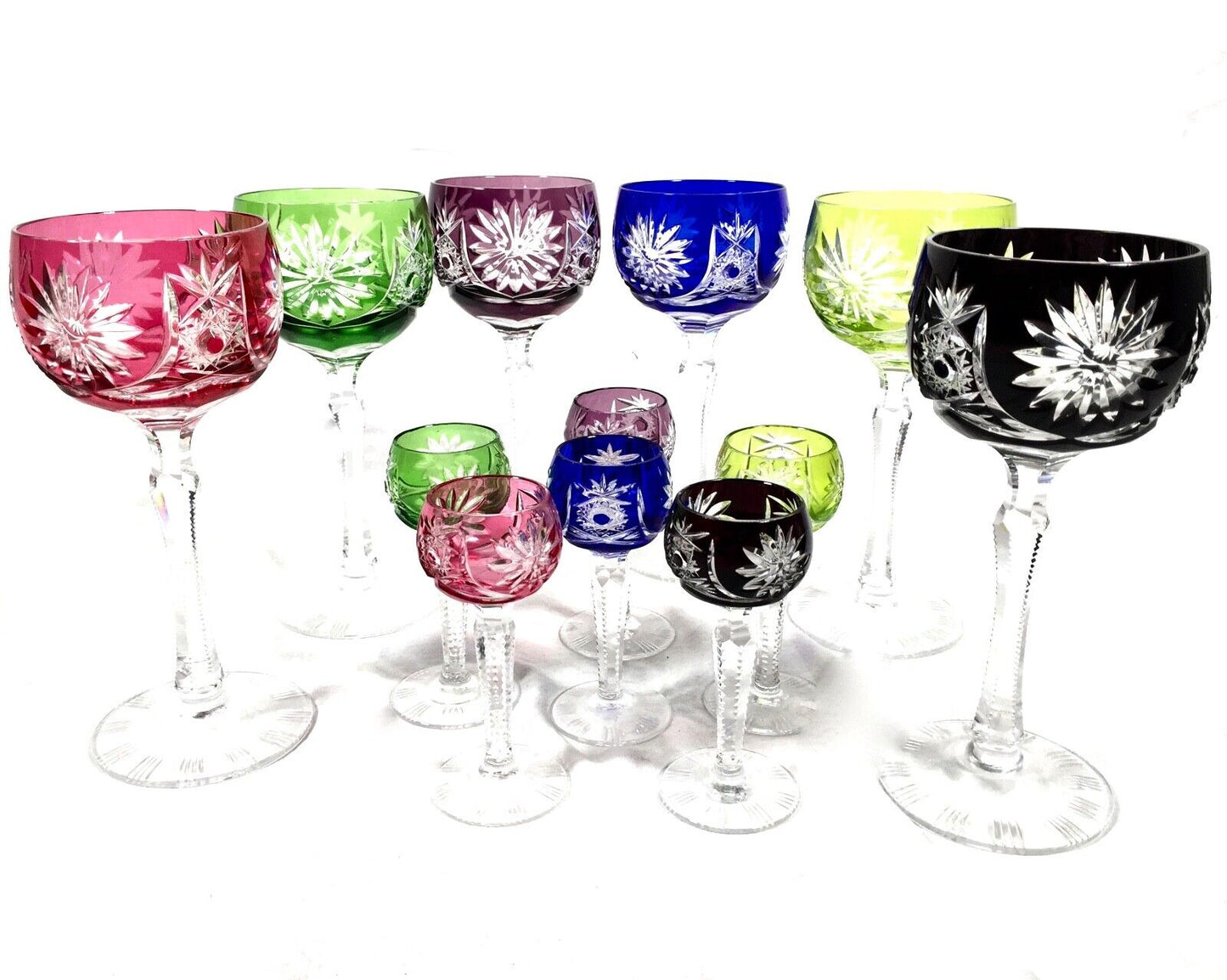 Vintage Bohemian Harlequin Colour Hock & Liquor Matching Glass Set of 12 Antique