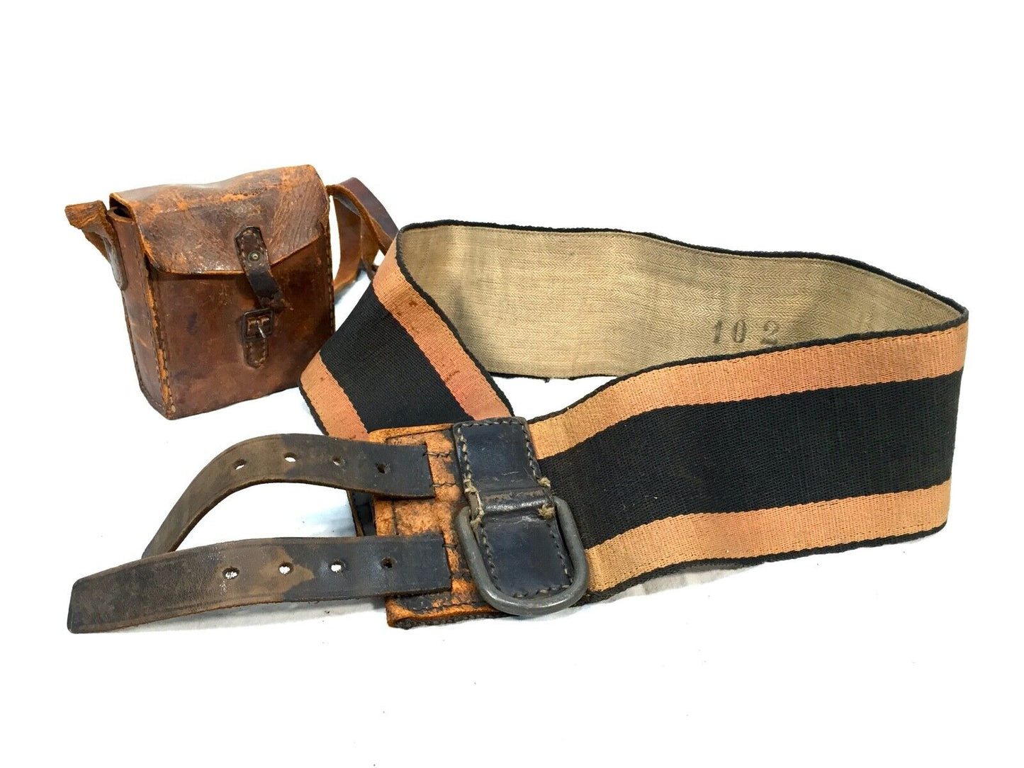 Antique Firefighters Belt & Leather Pouch Bag With Glass Apothecary Bottles
