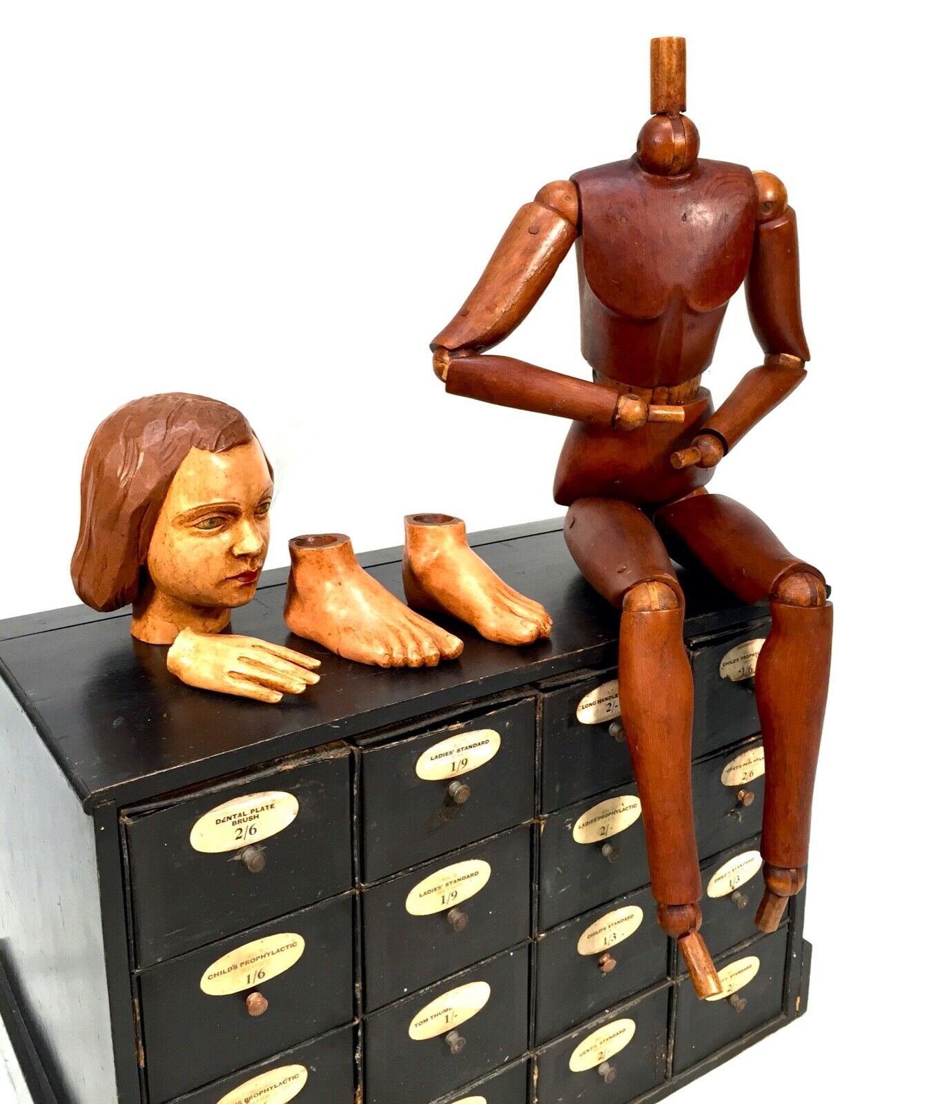 Antique Wooden French Articulated Artists Lay Figure & Head Collection c.1900