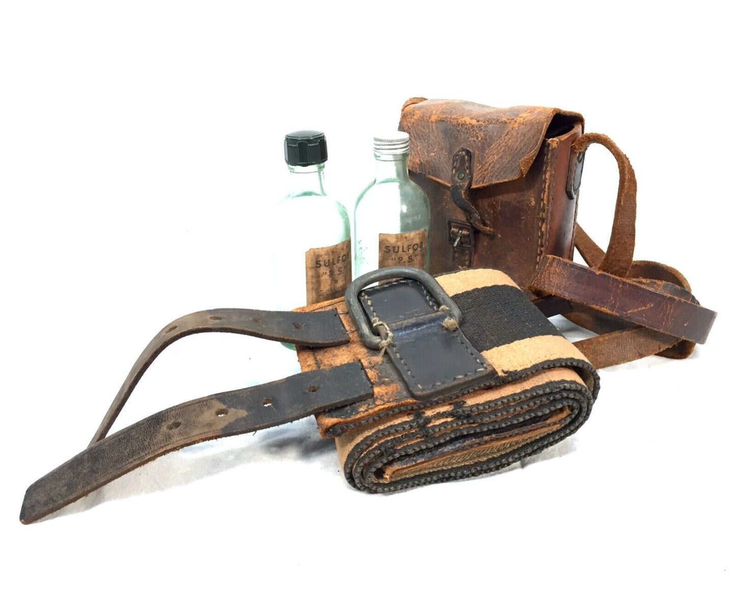 Antique Firefighters Belt & Leather Pouch Bag With Glass Apothecary Bottles