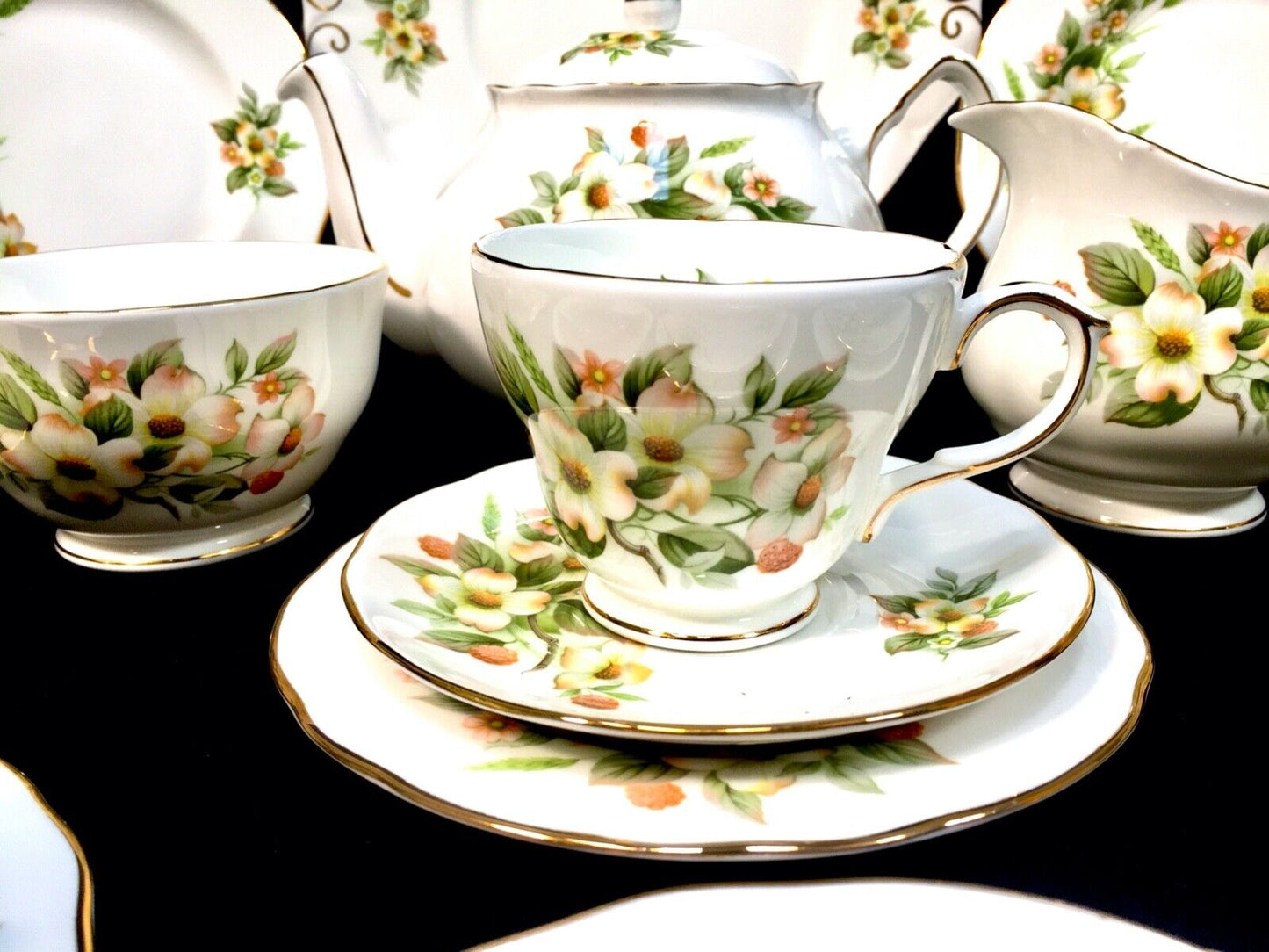 Duchess Dogwood Tea Set for 6 People / Vintage Antique China / Teapot / Trio's