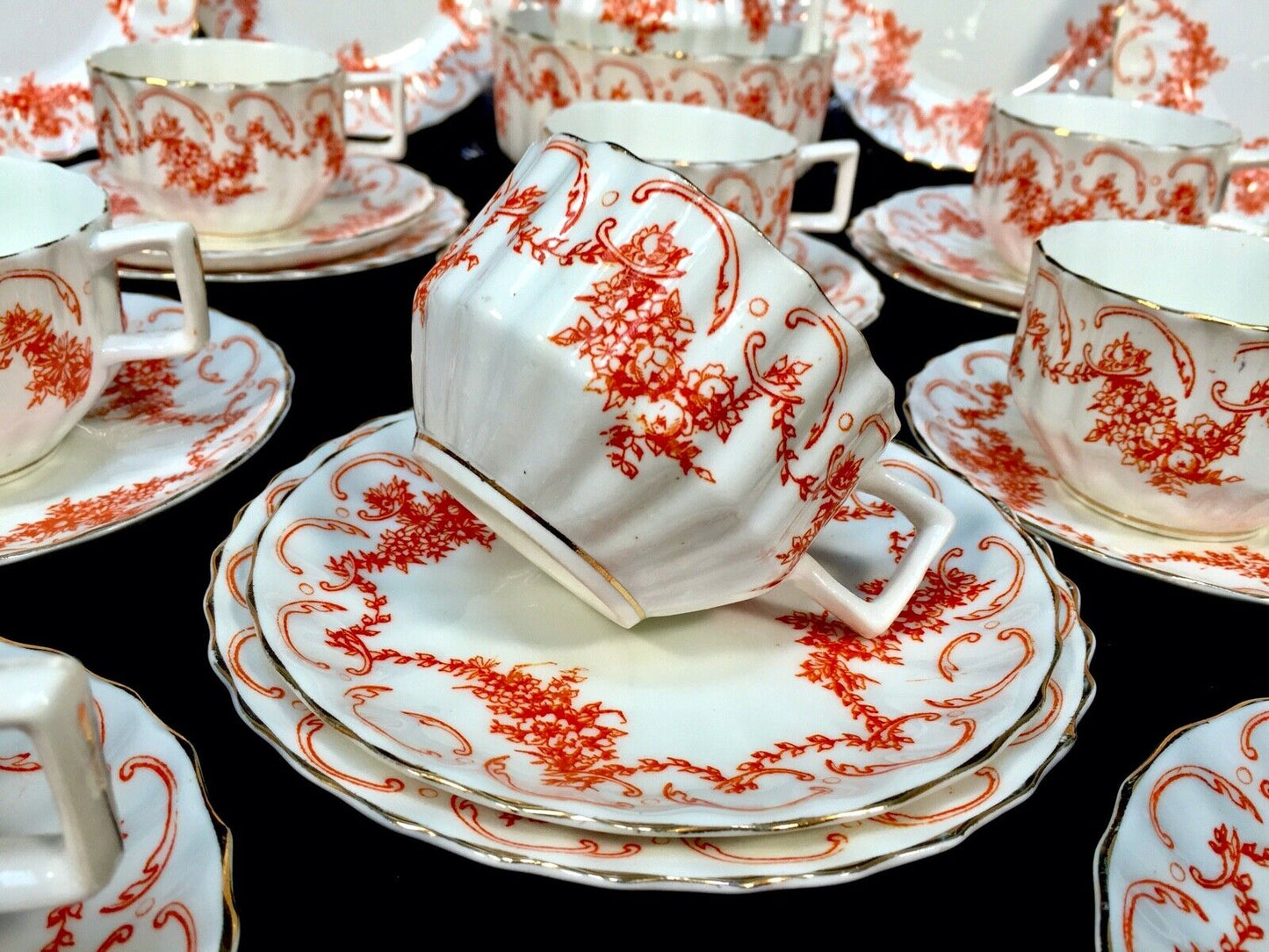 Antique Edwardian China Tea Set for 10 People / Orange & White / C.1900 / Trio