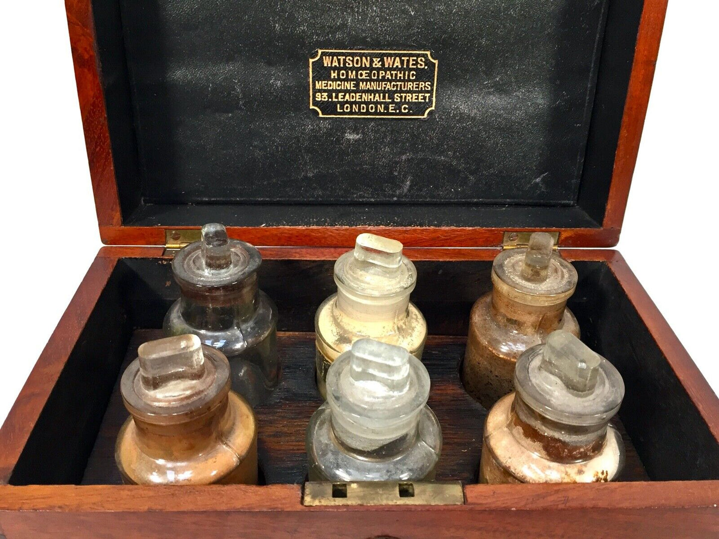 Antique Mahogany Apothecary Box / Cabinet With Glass Bottles by Watson & Wates