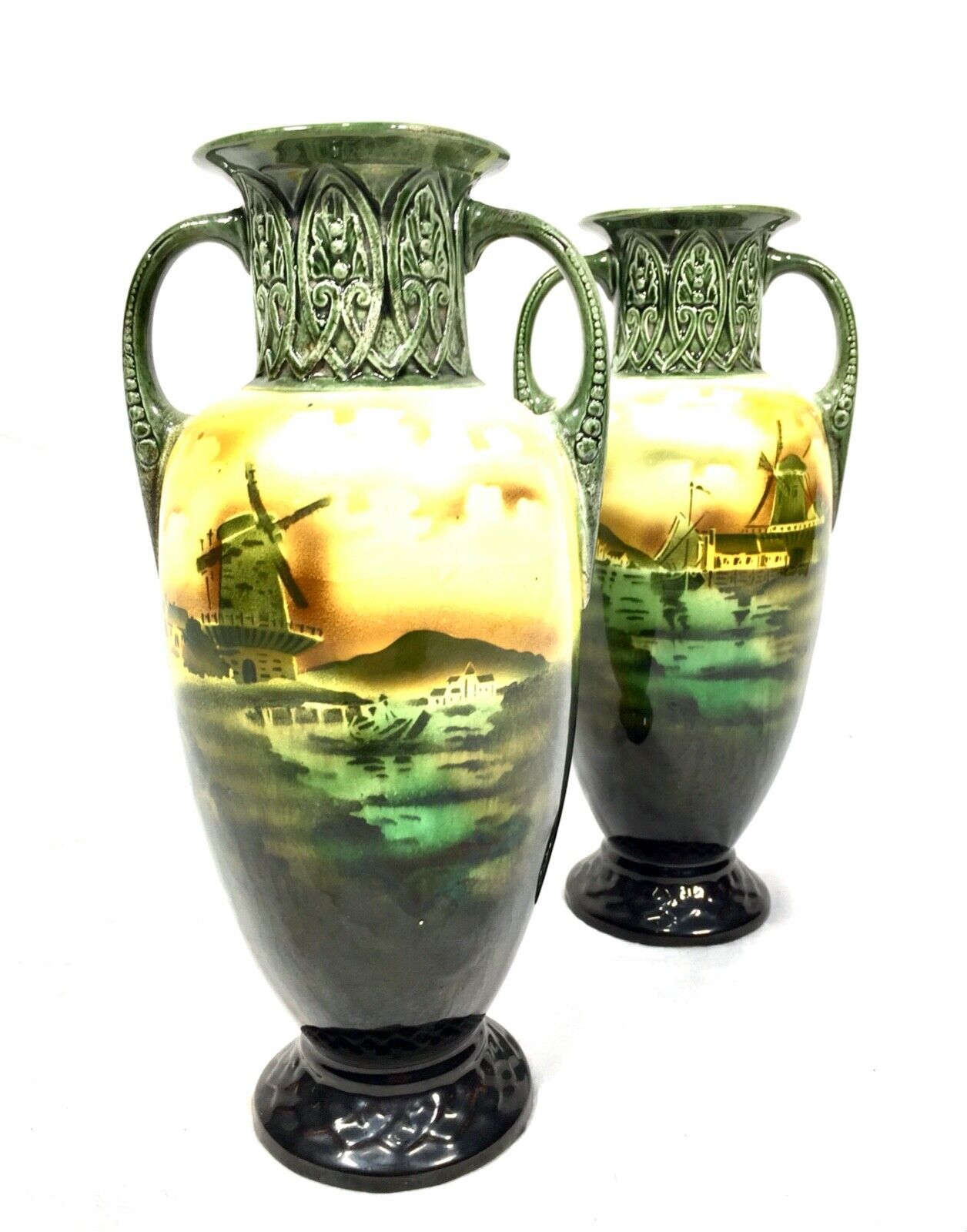 Antique Pair of Czechoslovakia Pottery Vases / Vase Showing Dutch Scenes c.1920
