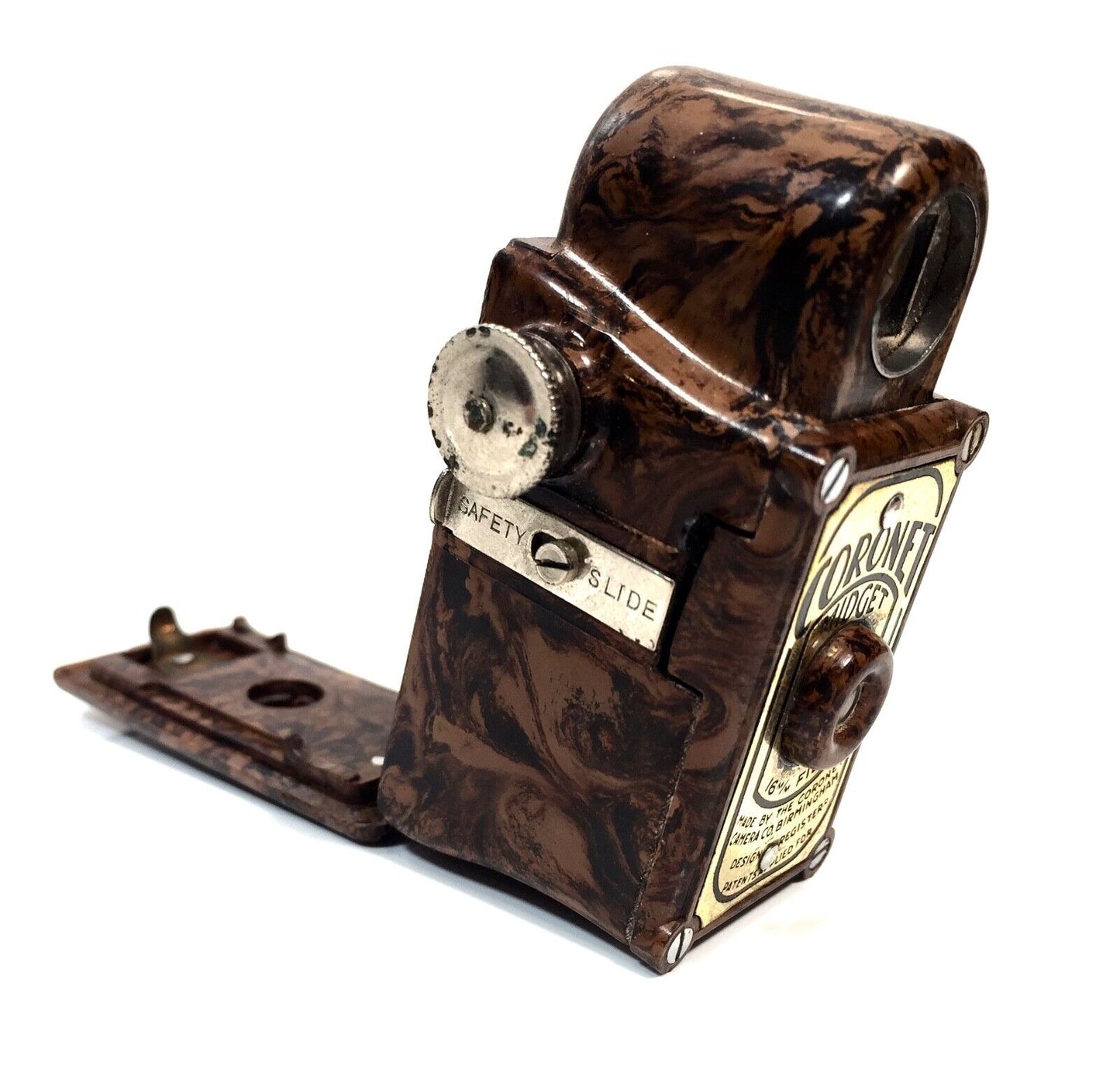 Antique Coronet Midget / Miniature 16MM Camera Brown Marble Bakelite / Art Deco