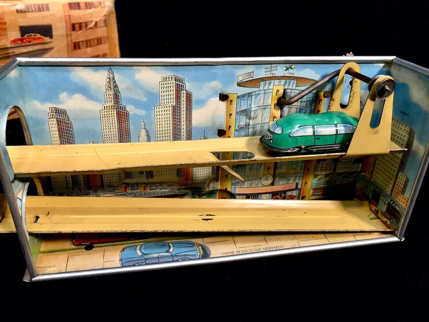 Antique Wind-up Clockwork 1950's Tin German Toy Car Elevator in Original Box