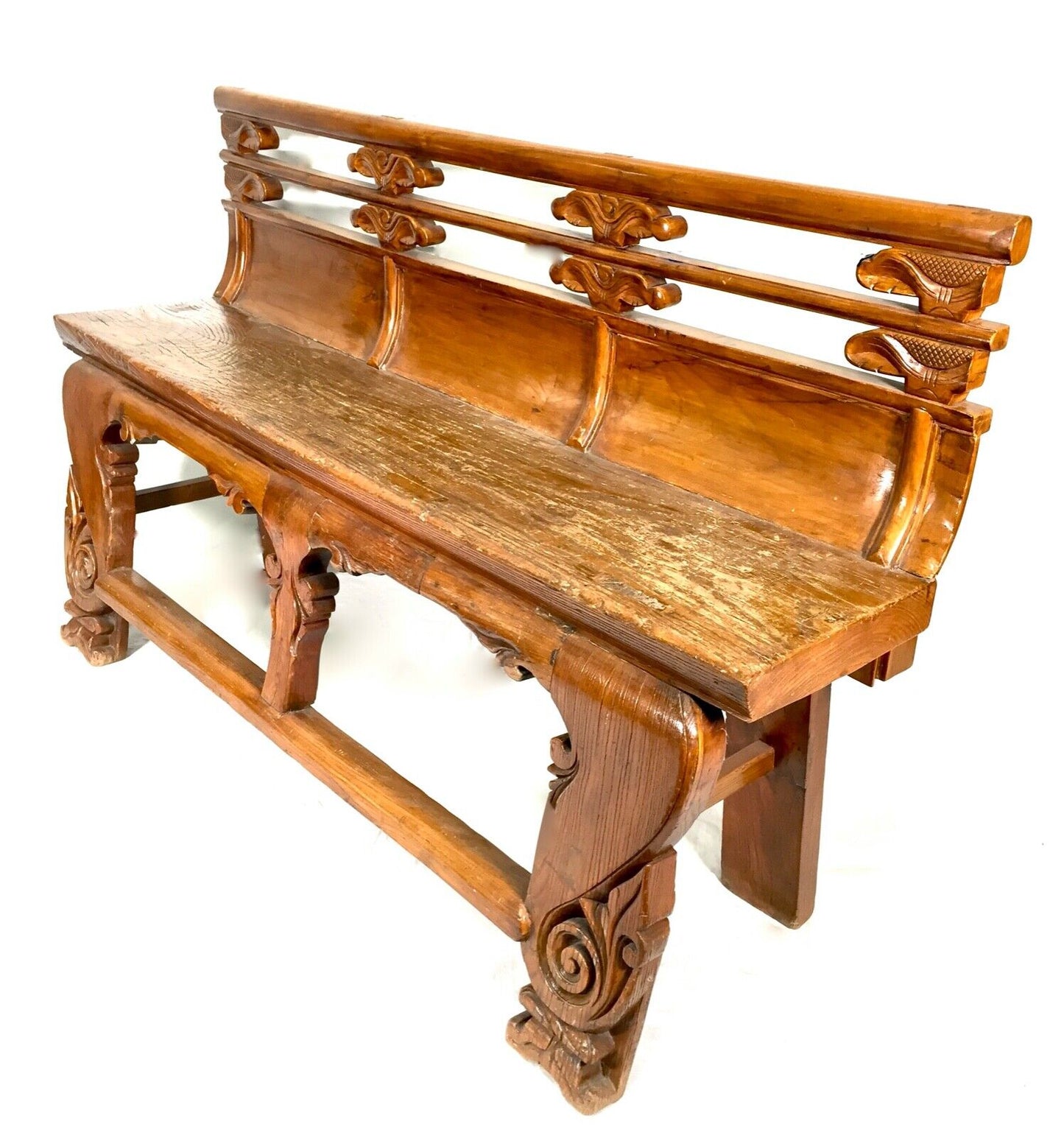 Antique Chinese Buddhist Temple / Opera Bench Elm Wood / 19th Century / c.1890