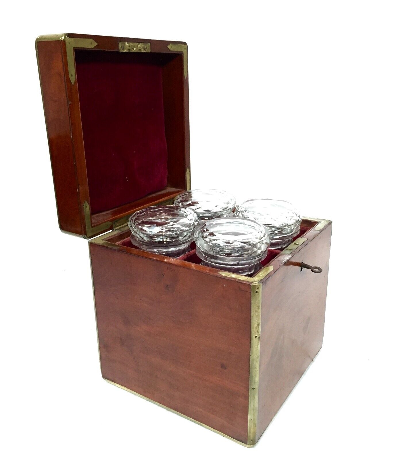 19th Century Mahogany Campaign Box & 4 Glass Pickle Jars / Victorian Antique