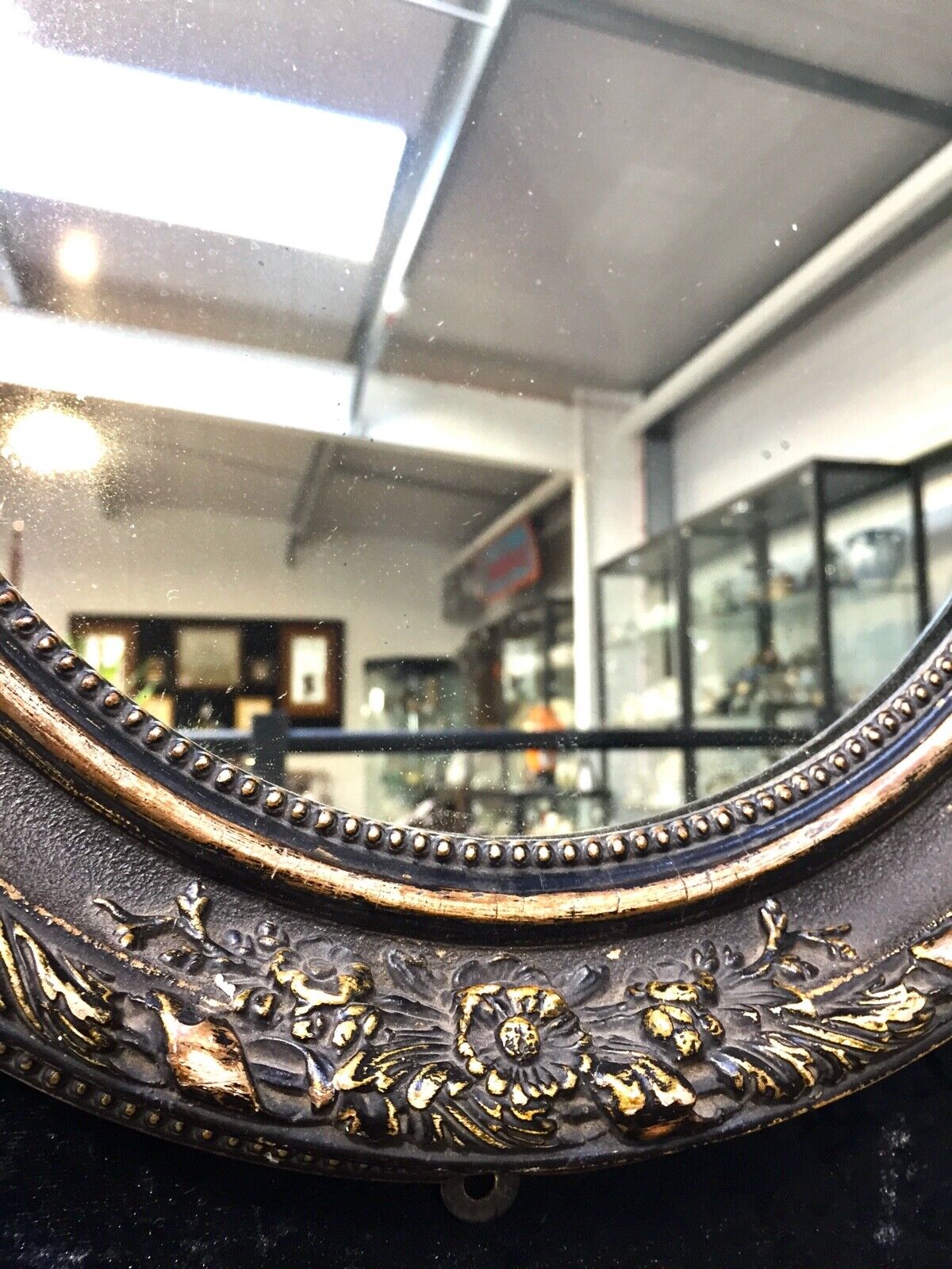 Antique Victorian Wooden Framed Black & Gold Oval Wall Mirror / Art Nouveau