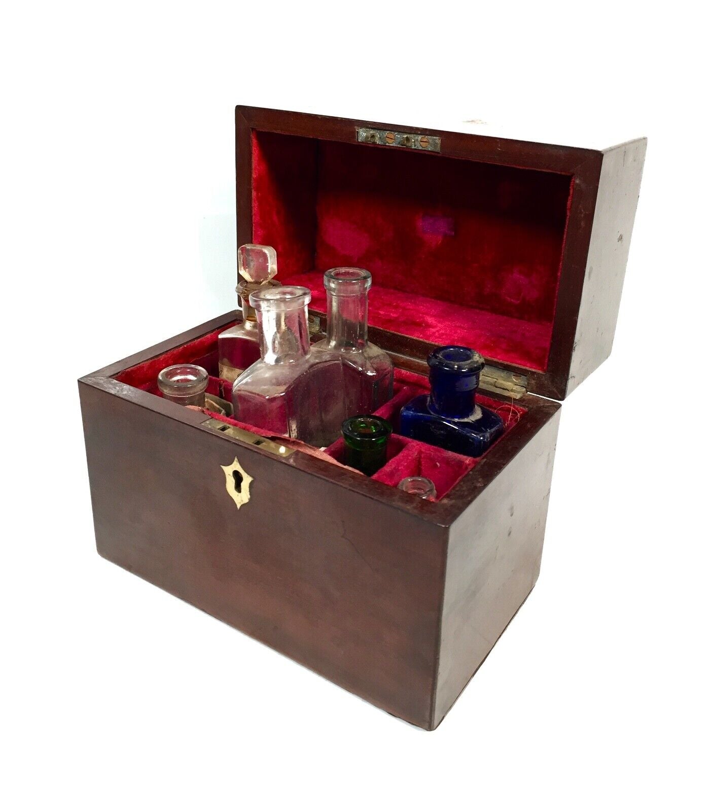Antique Mahogany Apothecary Box / Cabinet With Glass Medicine Bottles c.1880