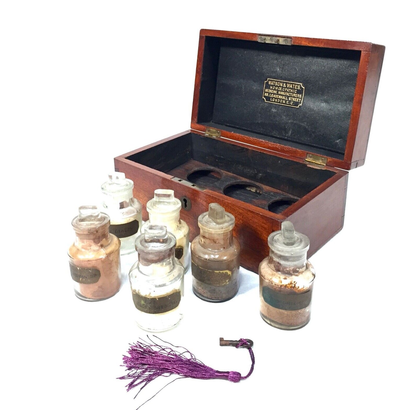 Antique Mahogany Apothecary Box / Cabinet With Glass Bottles by Watson & Wates