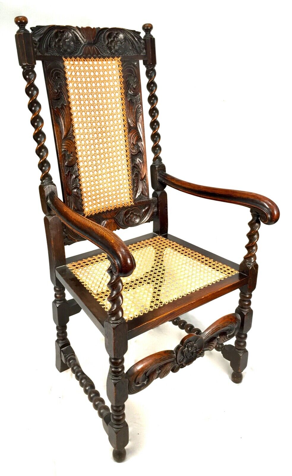 Antique 18th Century Furniture Wooden Oak Carved Arm Chair with Cane Back & Seat