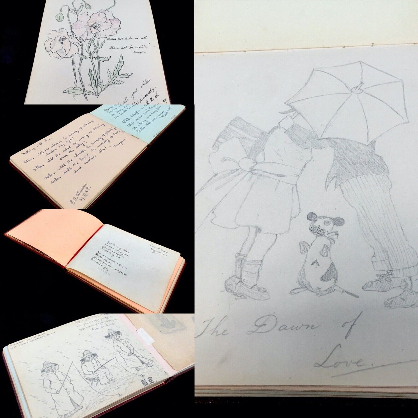 Antique Early 20th Century Leather Bound Sketchbook / Album / Artists Drawings