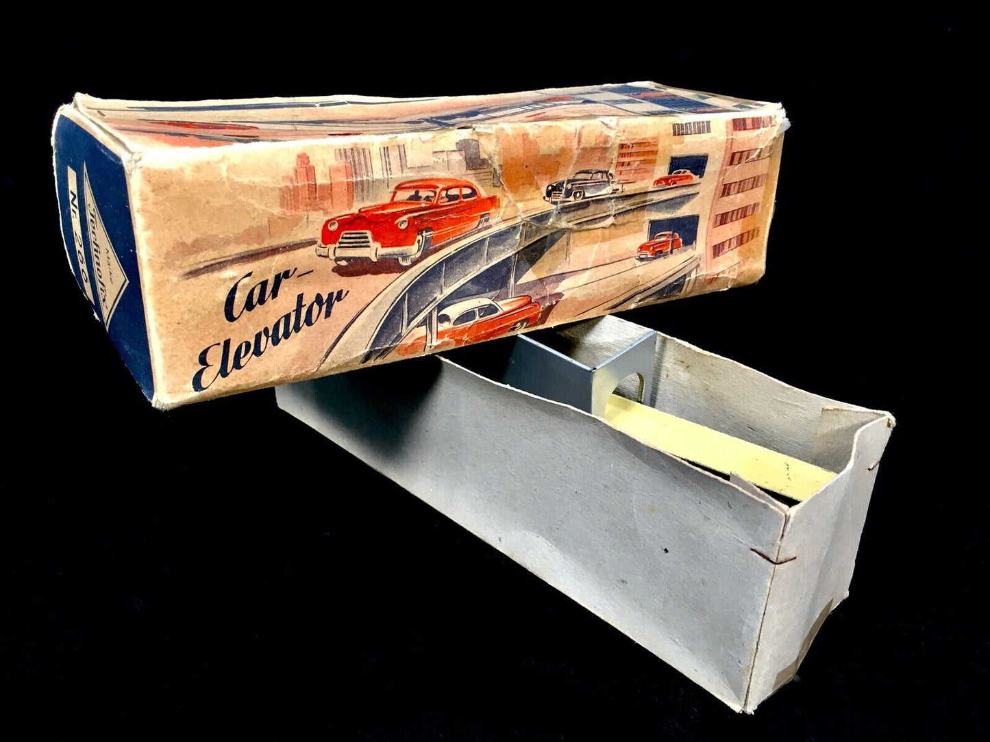 Antique Wind-up Clockwork 1950's Tin German Toy Car Elevator in Original Box