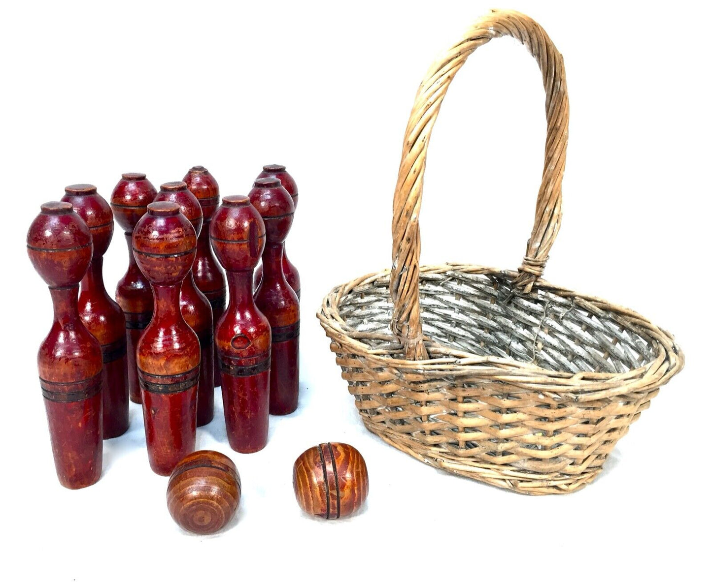 Antique Set of French Wooden 9 Pin Skittles / Game / Complete Hand Painted c1900